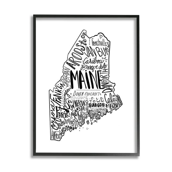 Stupell Industries Maine State Shape US Cities Typography Graphic Art Black Framed Art Print Wall Art, Design by The Saturday Evening Post
