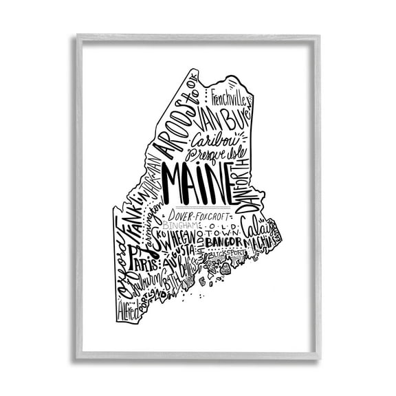 Stupell Industries Maine State Shape US Cities Typography Graphic Art Gray Framed Art Print Wall Art, Design by The Saturday Evening Post