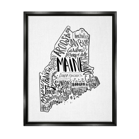 Stupell Industries Maine State Shape US Cities Typography Graphic Art Jet Black Floating Framed Canvas Print Wall Art, Design by The Saturday Evening Post