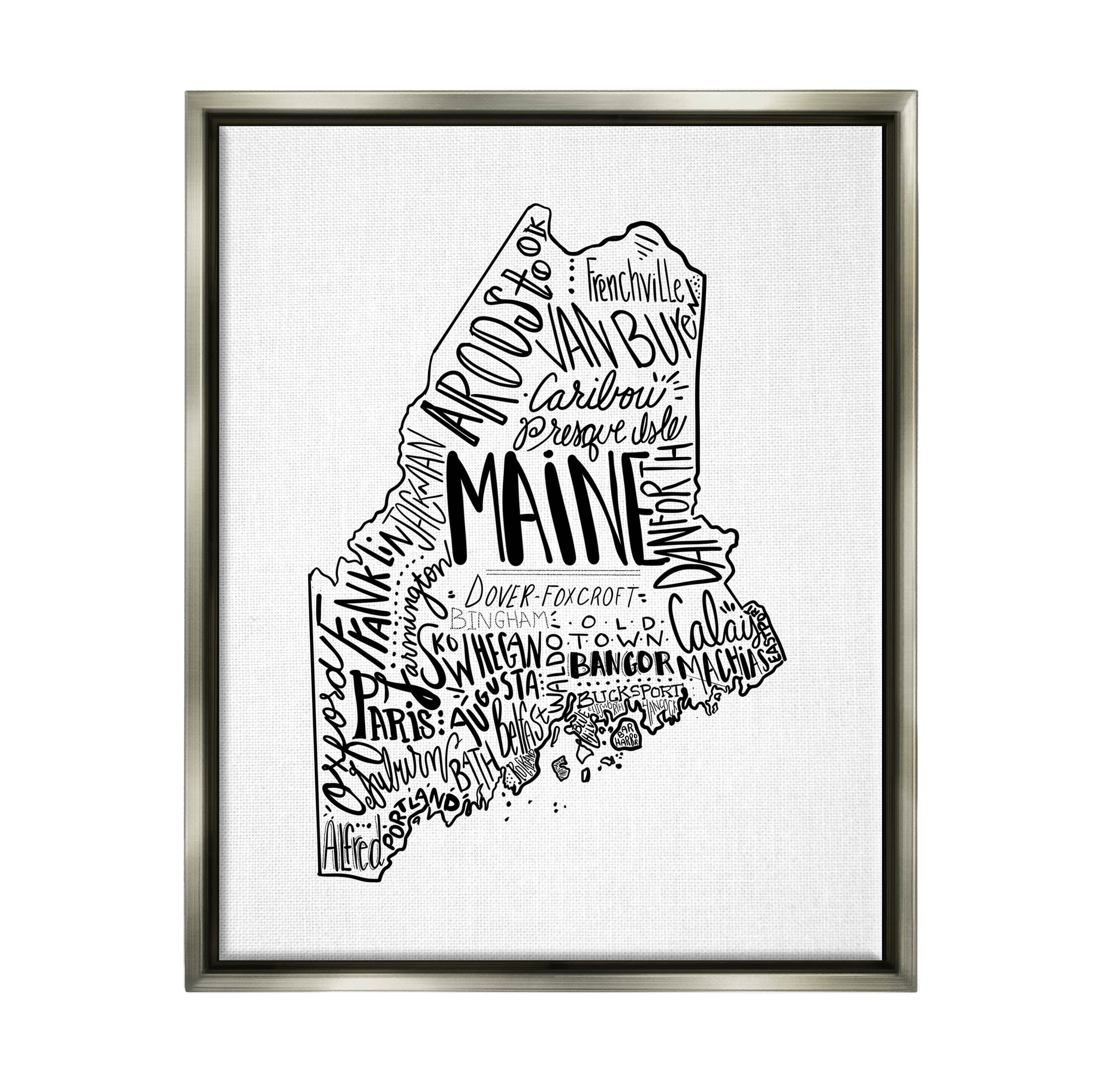 Stupell Industries Maine State Shape US Cities Typography Graphic Art Luster Gray Floating Framed Canvas Print Wall Art, Design by The Saturday Evening Post