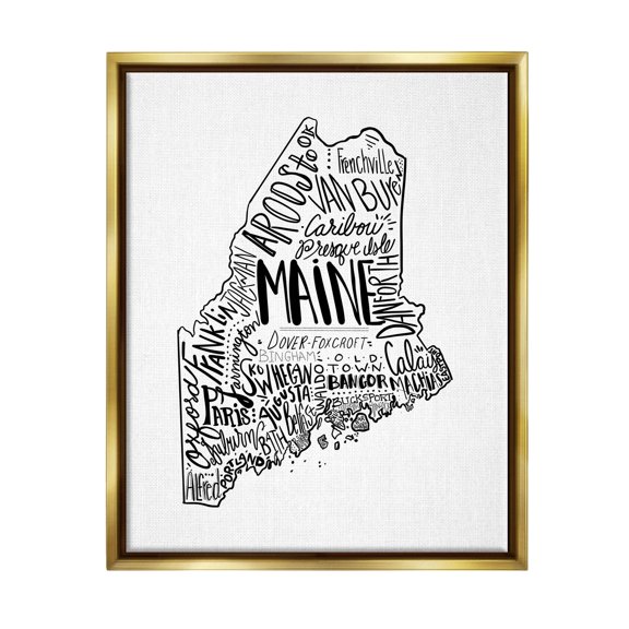 Stupell Industries Maine State Shape US Cities Typography Graphic Art Metallic Gold Floating Framed Canvas Print Wall Art, Design by The Saturday Evening Post