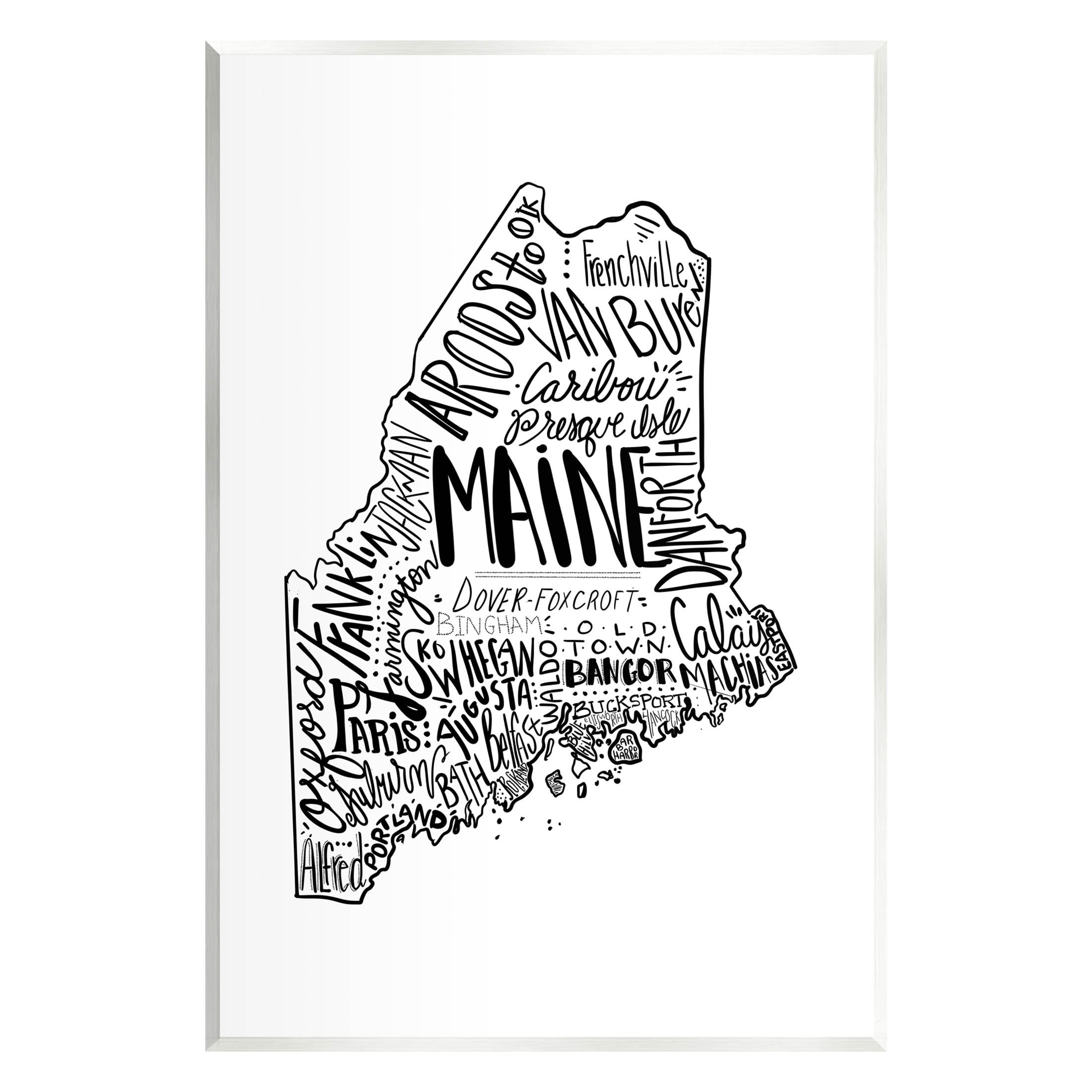 Maine State Shape Black and White Typography Wall Art on MDF