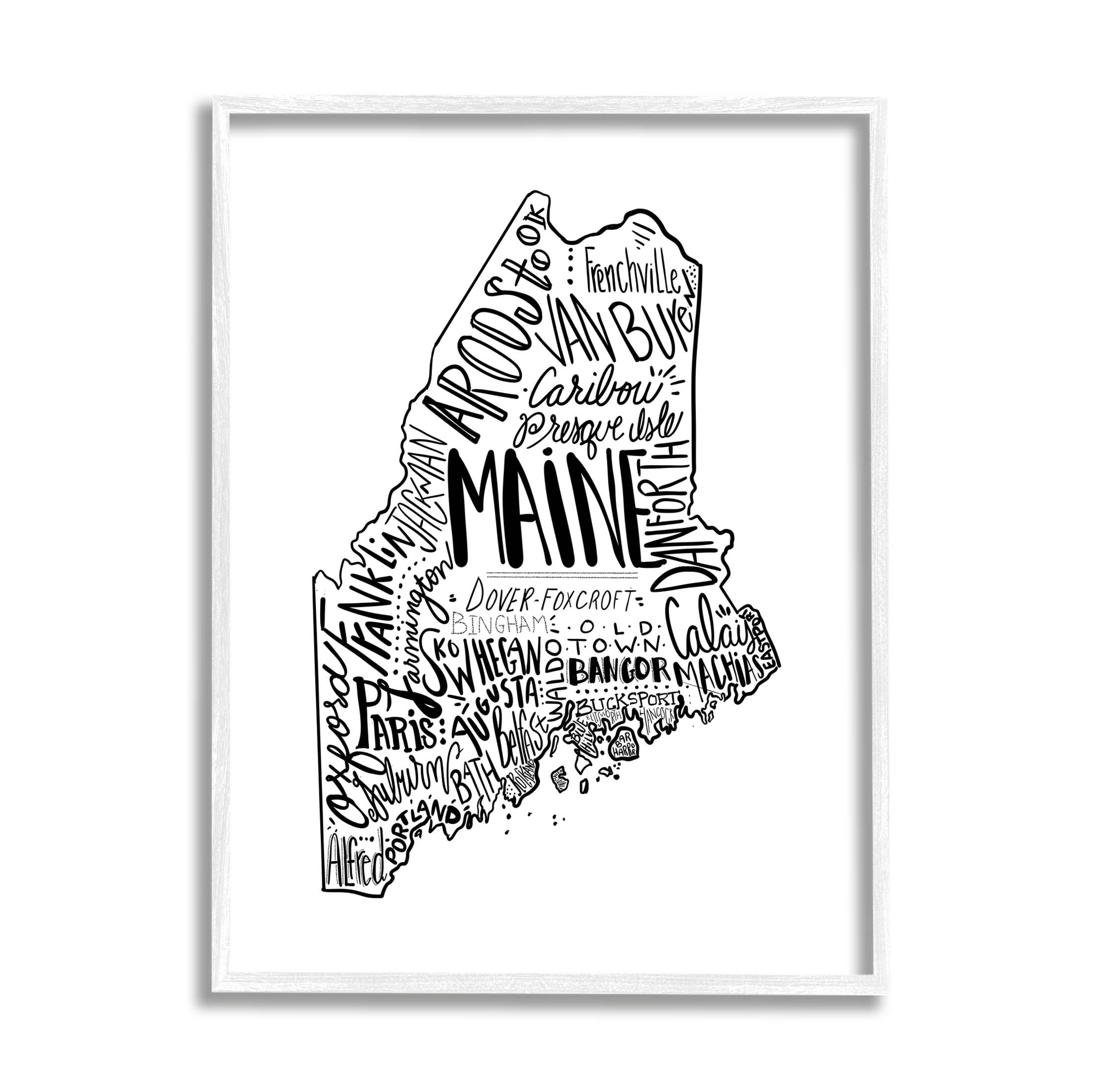 Stupell Industries Maine State Shape US Cities Typography Graphic Art White Framed Art Print Wall Art, Design by The Saturday Evening Post