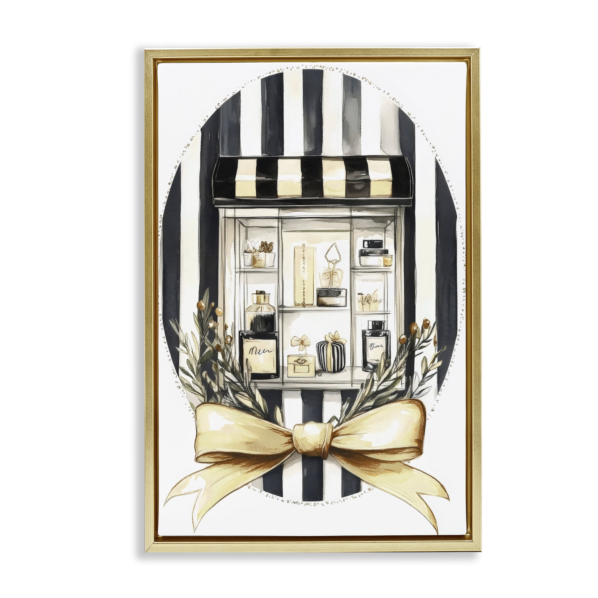 Stupell Industries Maison Perfume Window Display Gold Framed Floater Canvas Wall Art, design by Petal Prints Design