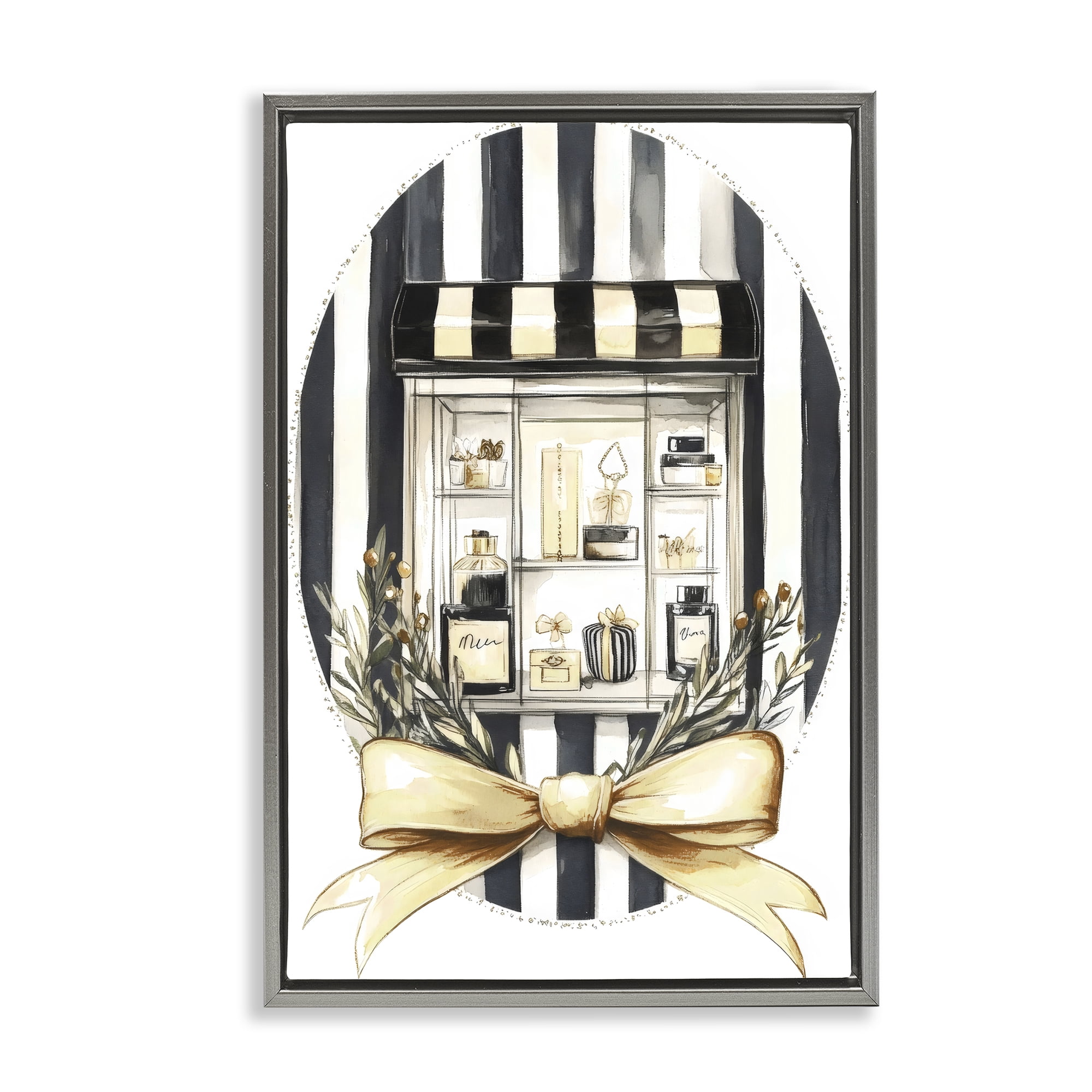 Stupell Industries Maison Perfume Window Display Gray Framed Floater Canvas Wall Art, design by Petal Prints Design