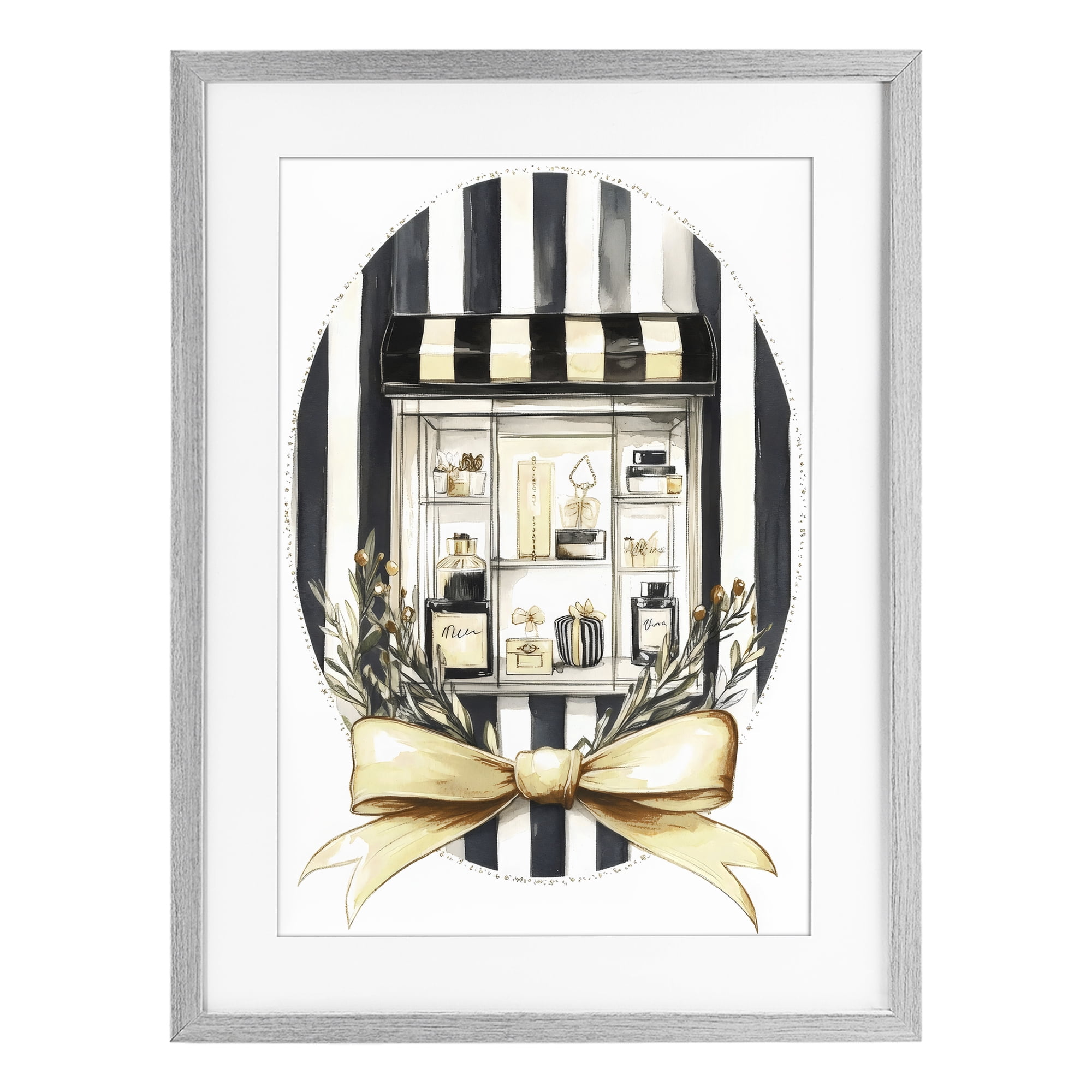 Stupell Industries Maison Perfume Window Display Gray Framed Print Under Glass, design by Petal Prints Design