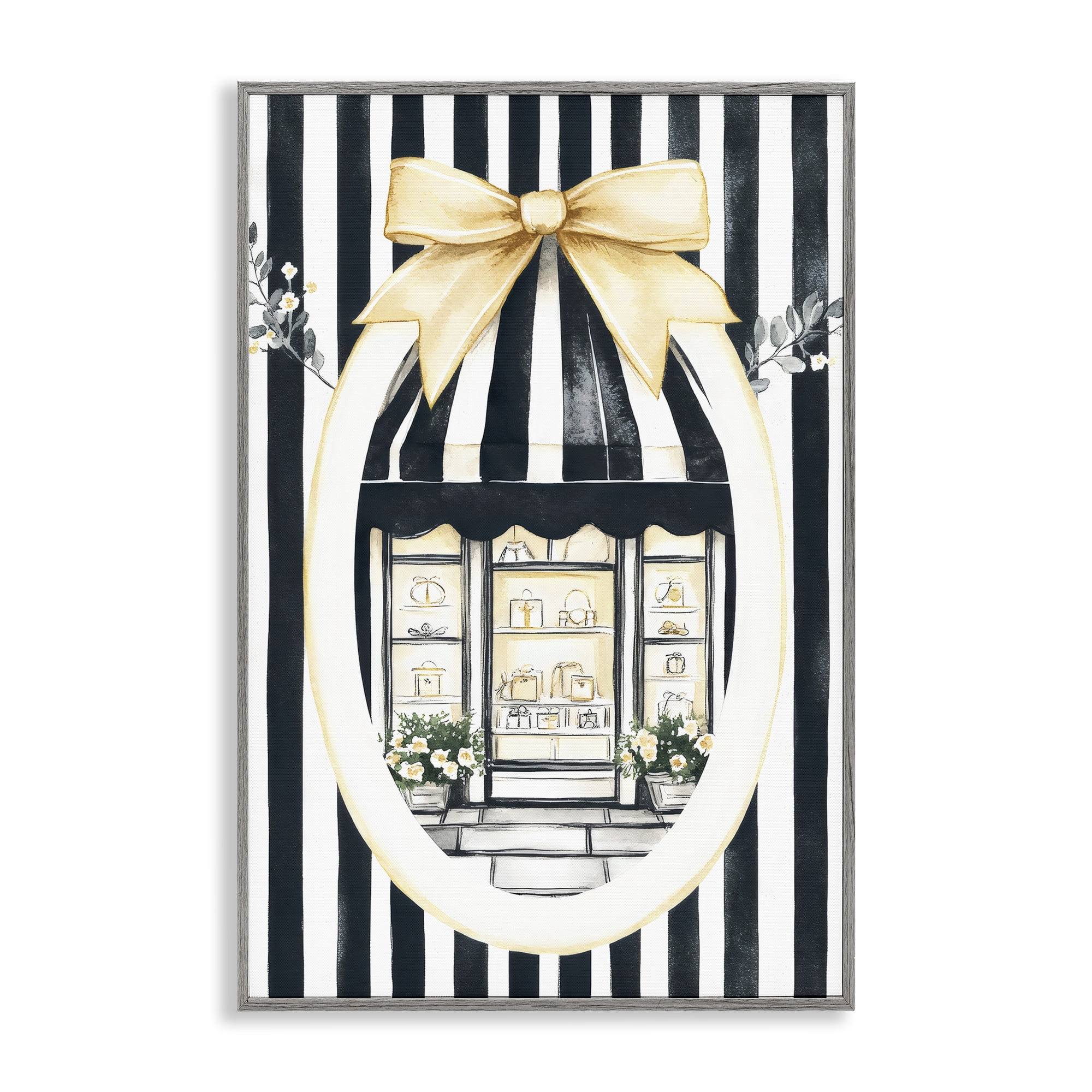 Stupell Industries Maison Striped Boutique Window Gray Framed Giclee Art, design by Petal Prints Design