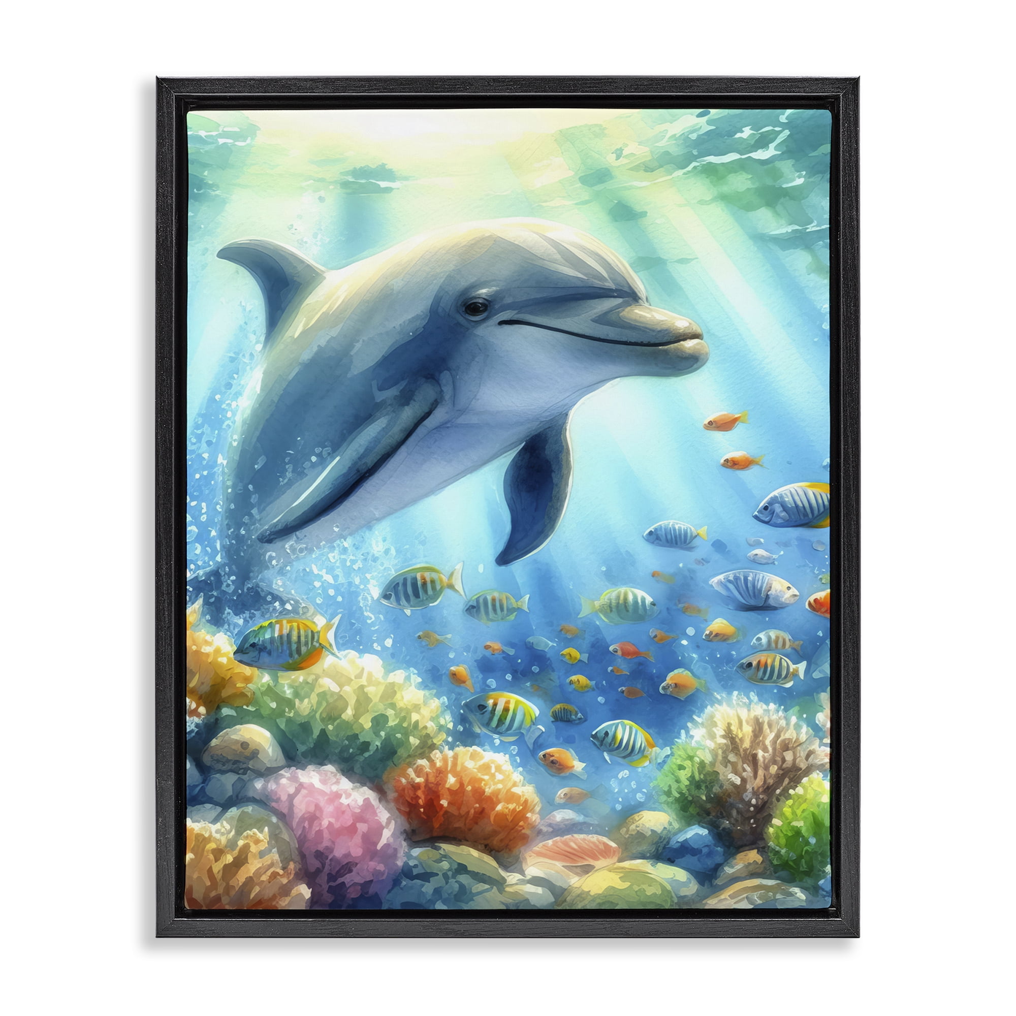 Stupell Industries Majestic Dolphin Underwater Nautical & Beach Painting Black Floater Framed Canvas Art Print Wall Art, 25 x 31