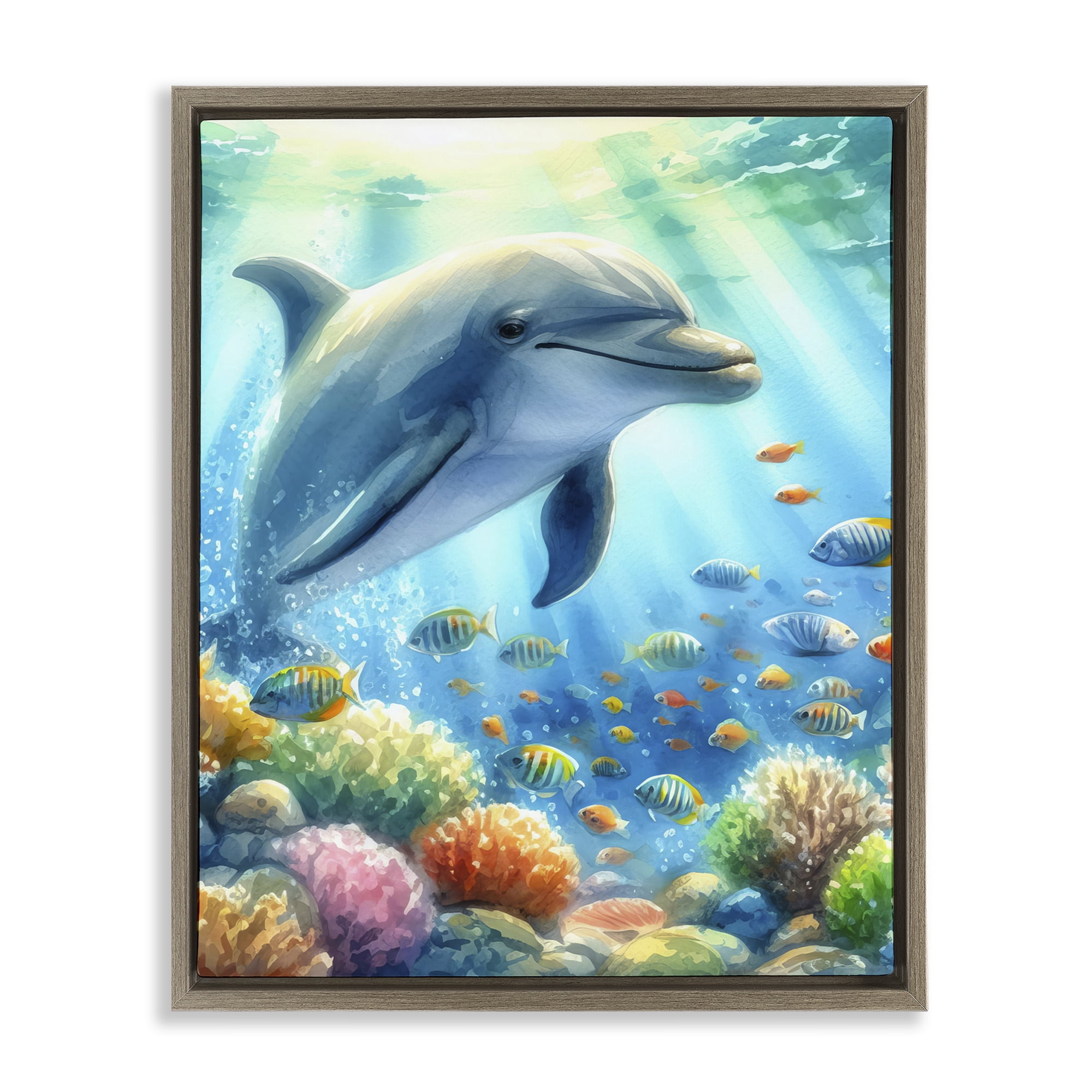 Stupell Industries Majestic Dolphin Underwater Nautical & Beach Painting Brown Floater Framed Canvas Art Print Wall Art, 25 x 31