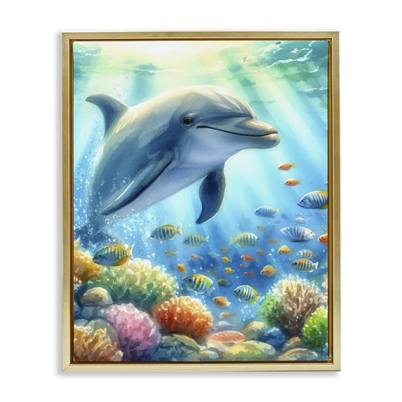 Stupell Industries Majestic Dolphin Underwater Nautical & Beach Painting Gold Floater Framed Canvas Art Print Wall Art, 17 x 21