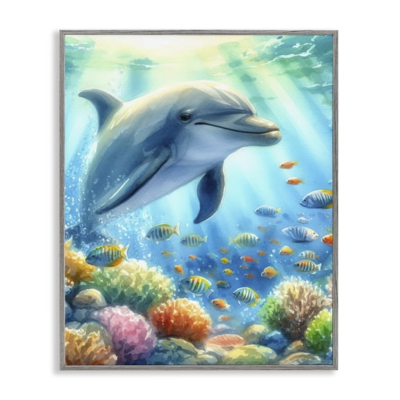 Stupell Industries Majestic Dolphin Underwater Nautical & Beach Painting Gray Framed Art Print Wall Art, 24 x 30