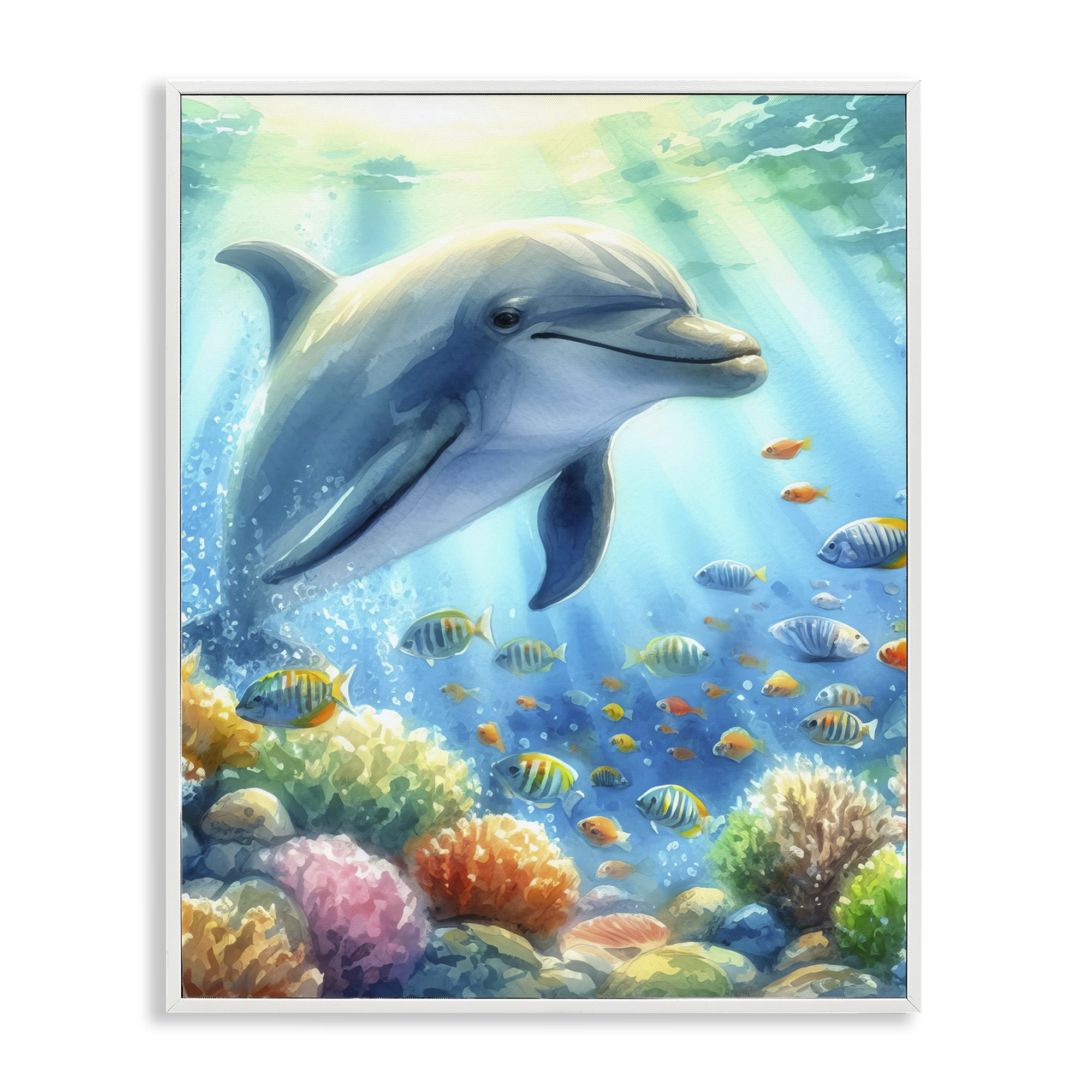 Stupell Industries Majestic Dolphin Underwater Nautical & Beach Painting White Framed Art Print Wall Art, 16 x 20