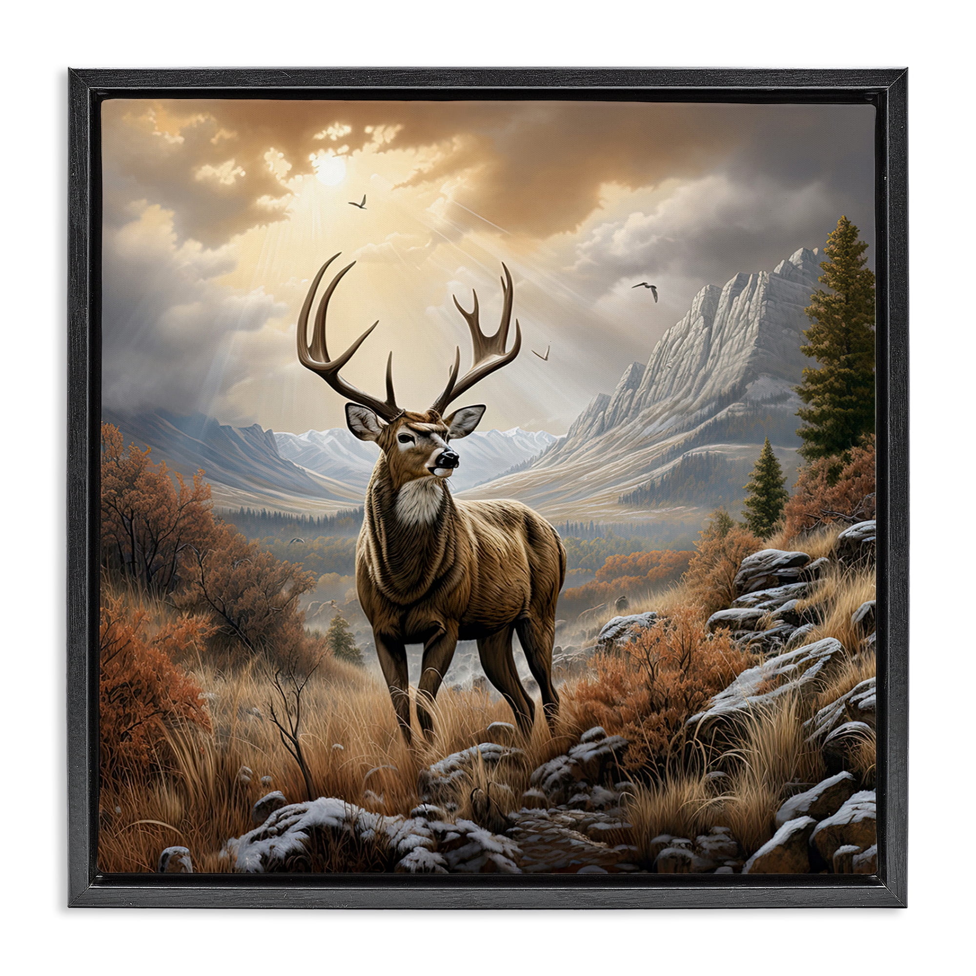 Stupell Industries Majestic Elk Mountain Scenery Landscape Painting Black Floater Framed Canvas Art Print Wall Art, 18 x 18