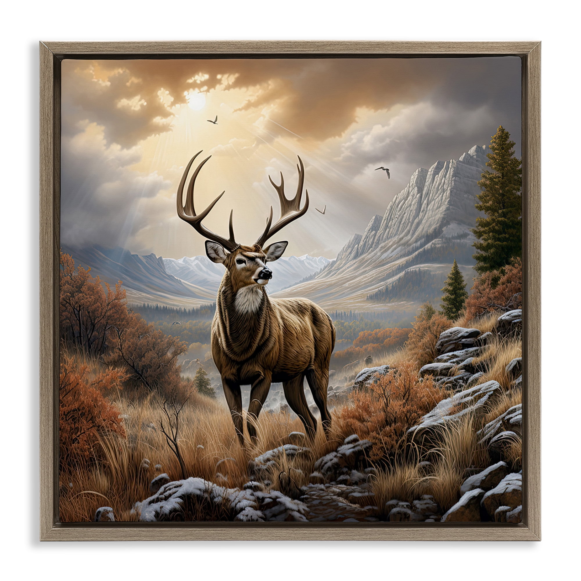 Stupell Industries Majestic Elk Mountain Scenery Landscape Painting Brown Floater Framed Canvas Art Print Wall Art, 25 x 25