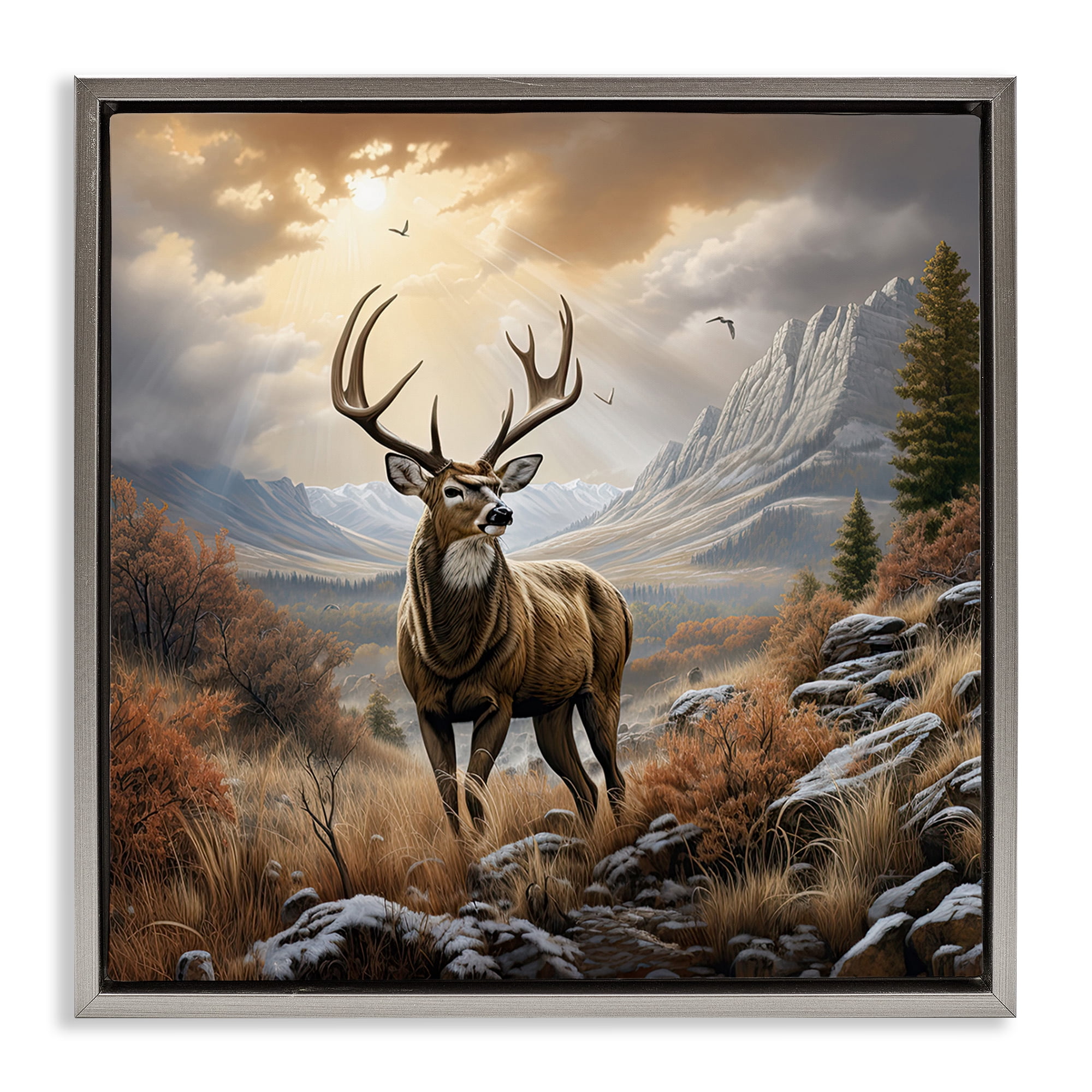 Stupell Industries Majestic Elk Mountain Scenery Landscape Painting Gray Floater Framed Canvas Art Print Wall Art, 18 x 18