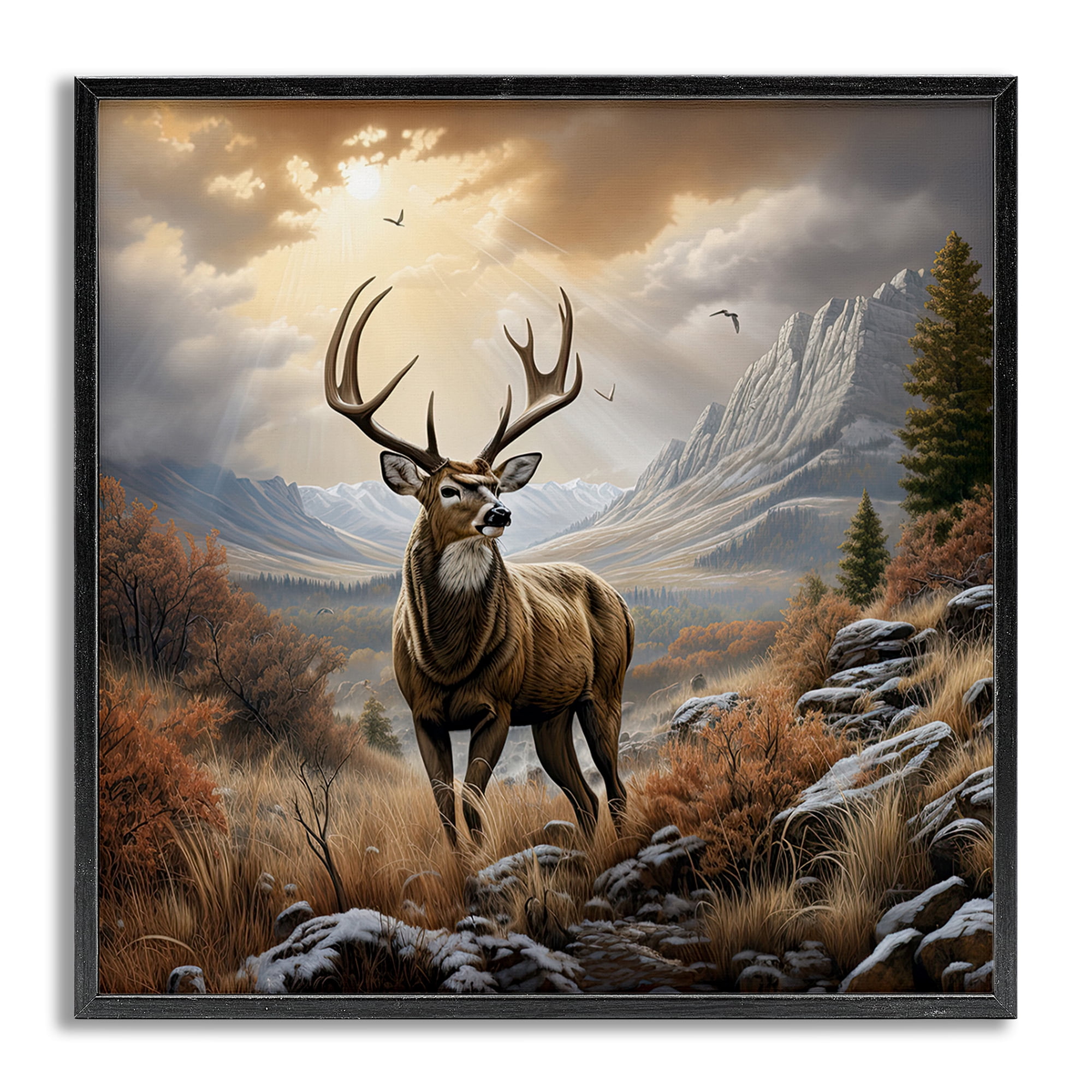 Stupell Industries Majestic Elk Mountain Scenery Landscape Painting Gray Framed Art Print Wall Art, 17 x 17