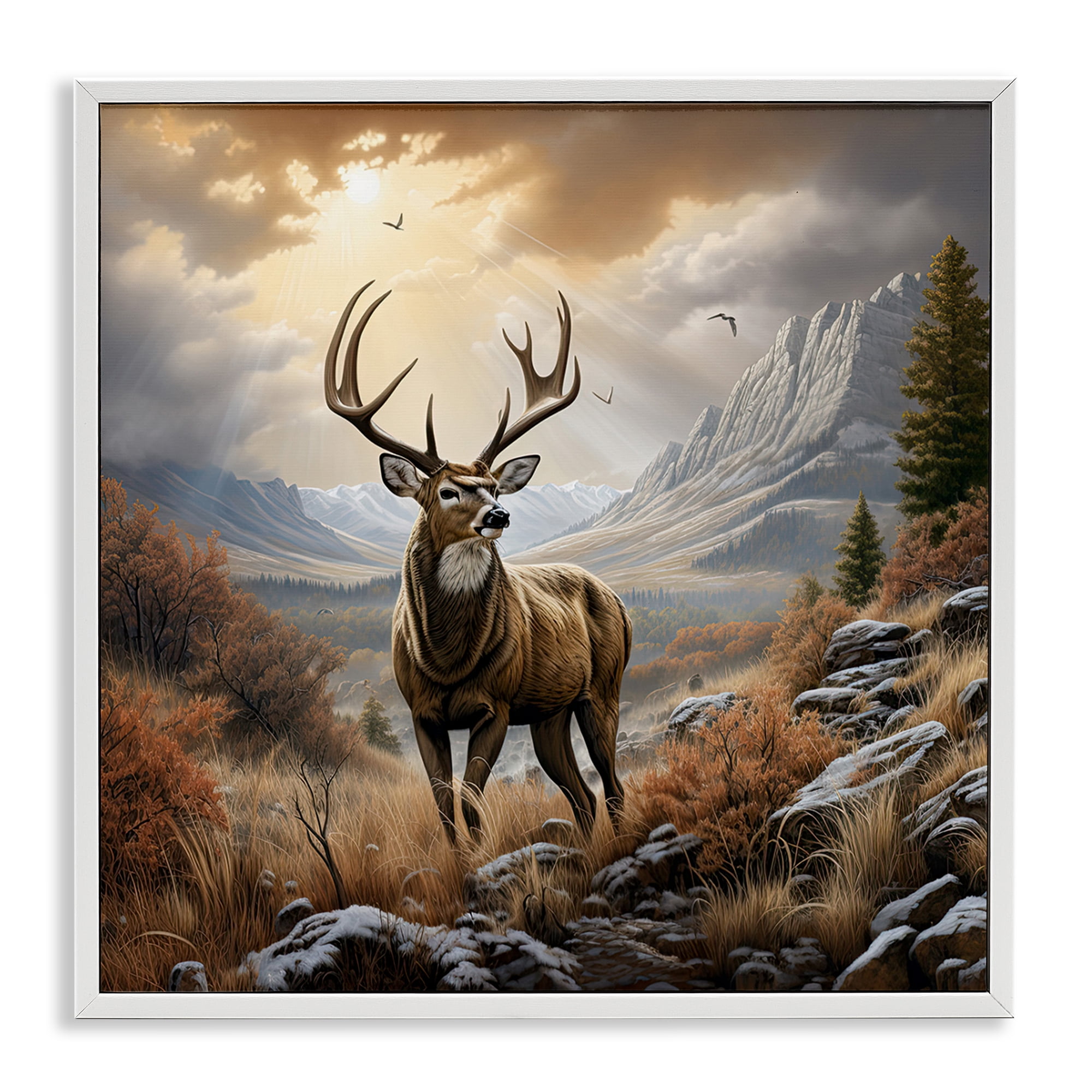 Stupell Industries Majestic Elk Mountain Scenery Landscape Painting White Framed Art Print Wall Art, 24 x 24