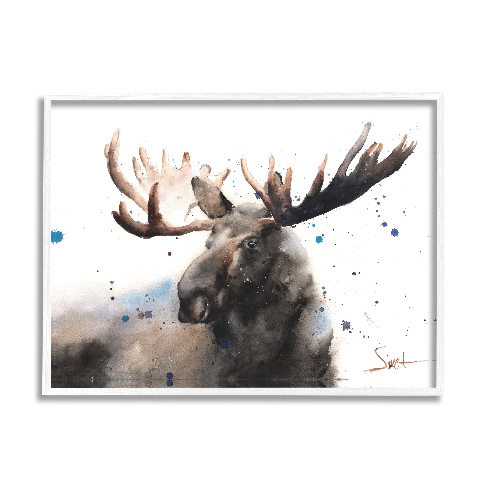 Stupell Industries Majestic Moose Watercolor Painting with Blue Splatter Graphic Art Framed Art Print Wall Art, 20x16, By Eric Sweet