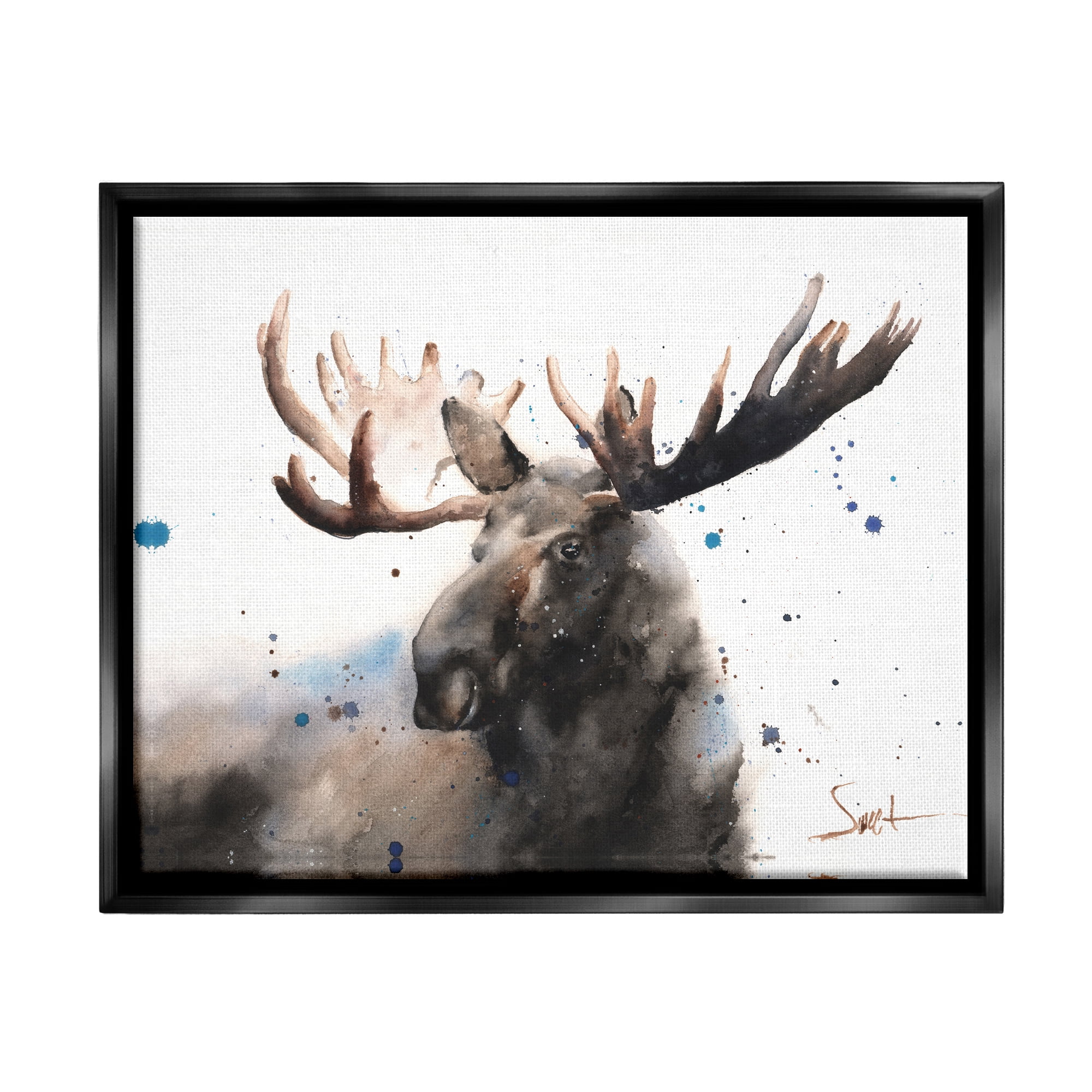 Stupell Industries Majestic Moose Watercolor Painting with Blue Splatter Jet Black Framed Floating Canvas Wall Art, 24x30, by Eric Sweet