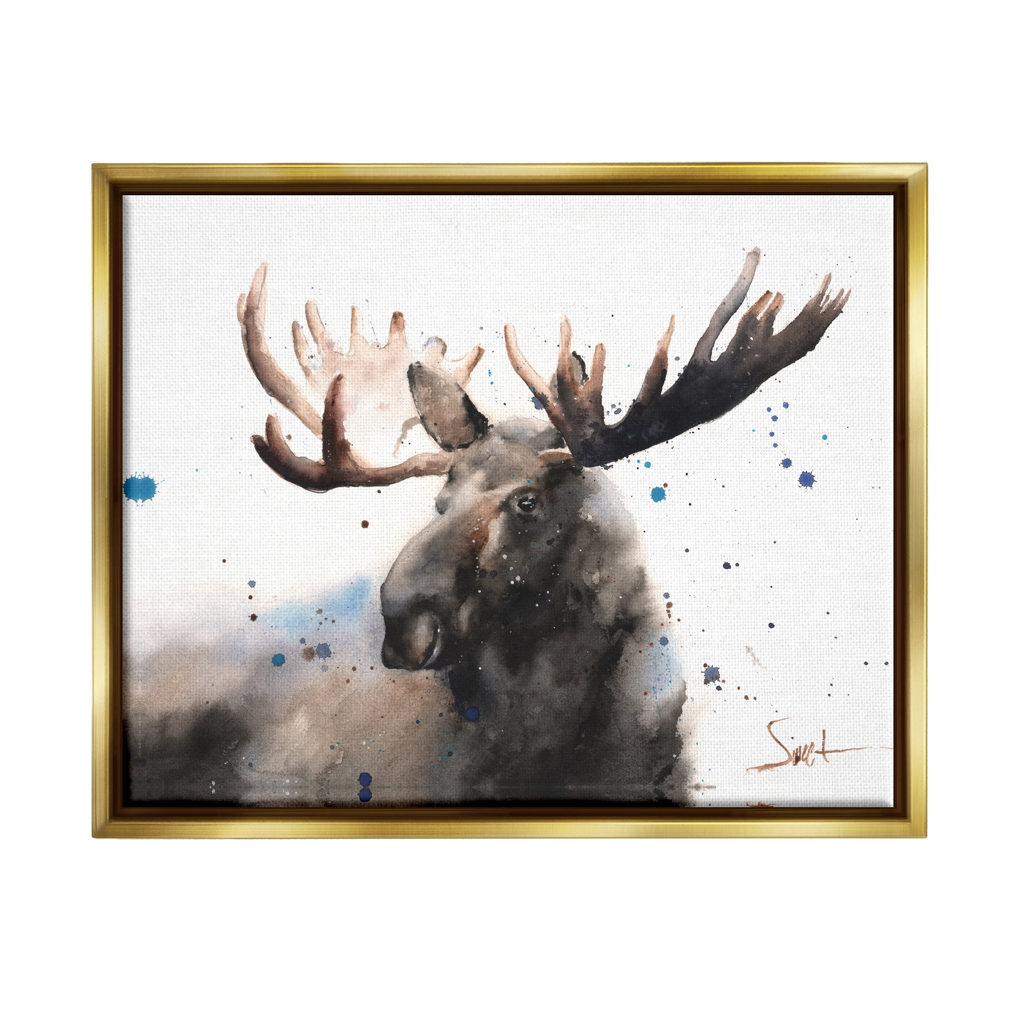 Stupell Industries Majestic Moose Watercolor Painting with Blue Splatter Metallic Gold Framed Floating Canvas Wall Art, 24x30, by Eric Sweet