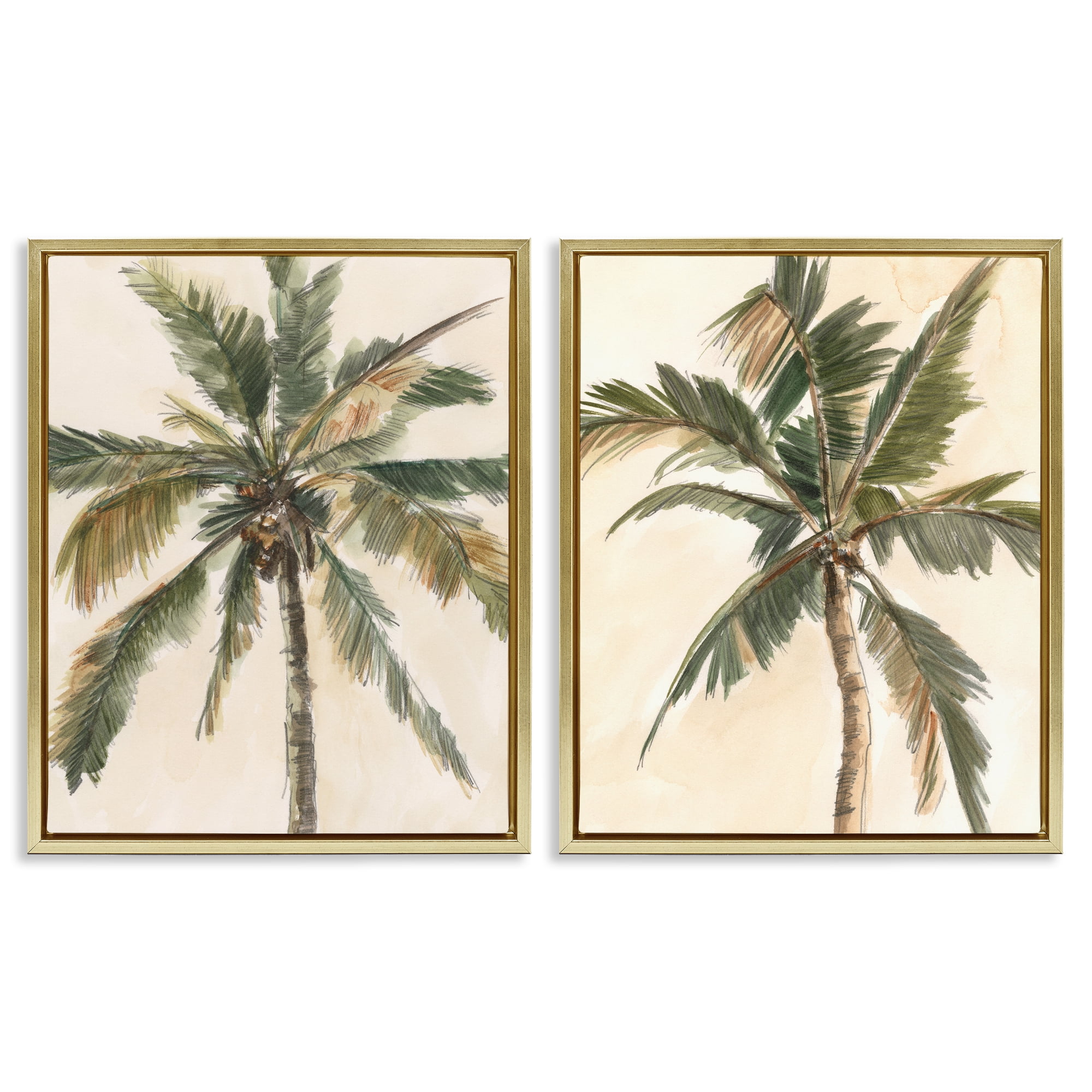 Stupell Industries Majestic Towering Palms Plants & Flowers Painting Gold Floater Framed Canvas Art Print Wall Art, 17 x 21, Set of 2