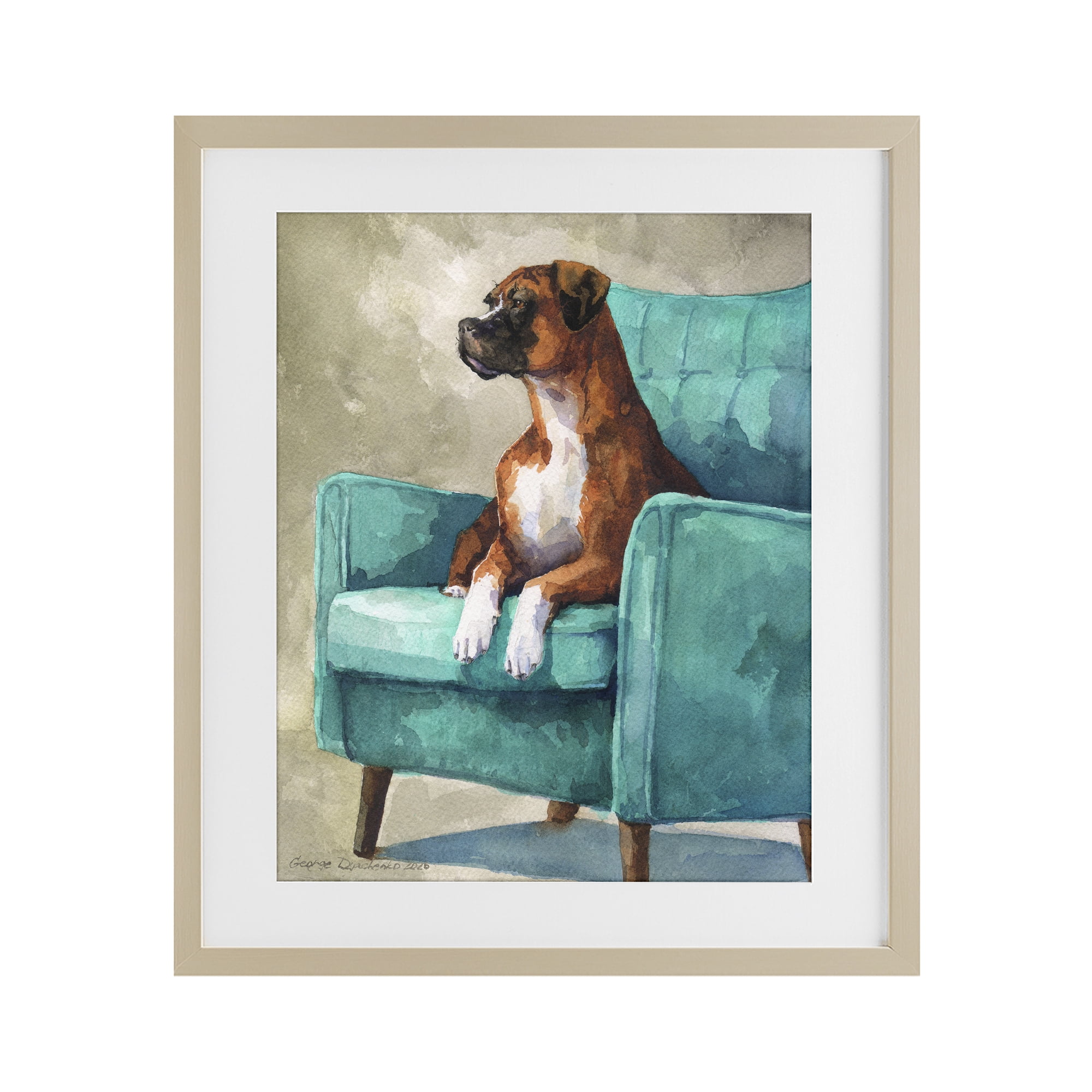 Stupell Industries Majesty Boxer on Armchair Birch Framed Print Under Glass, design by George Dyachenko