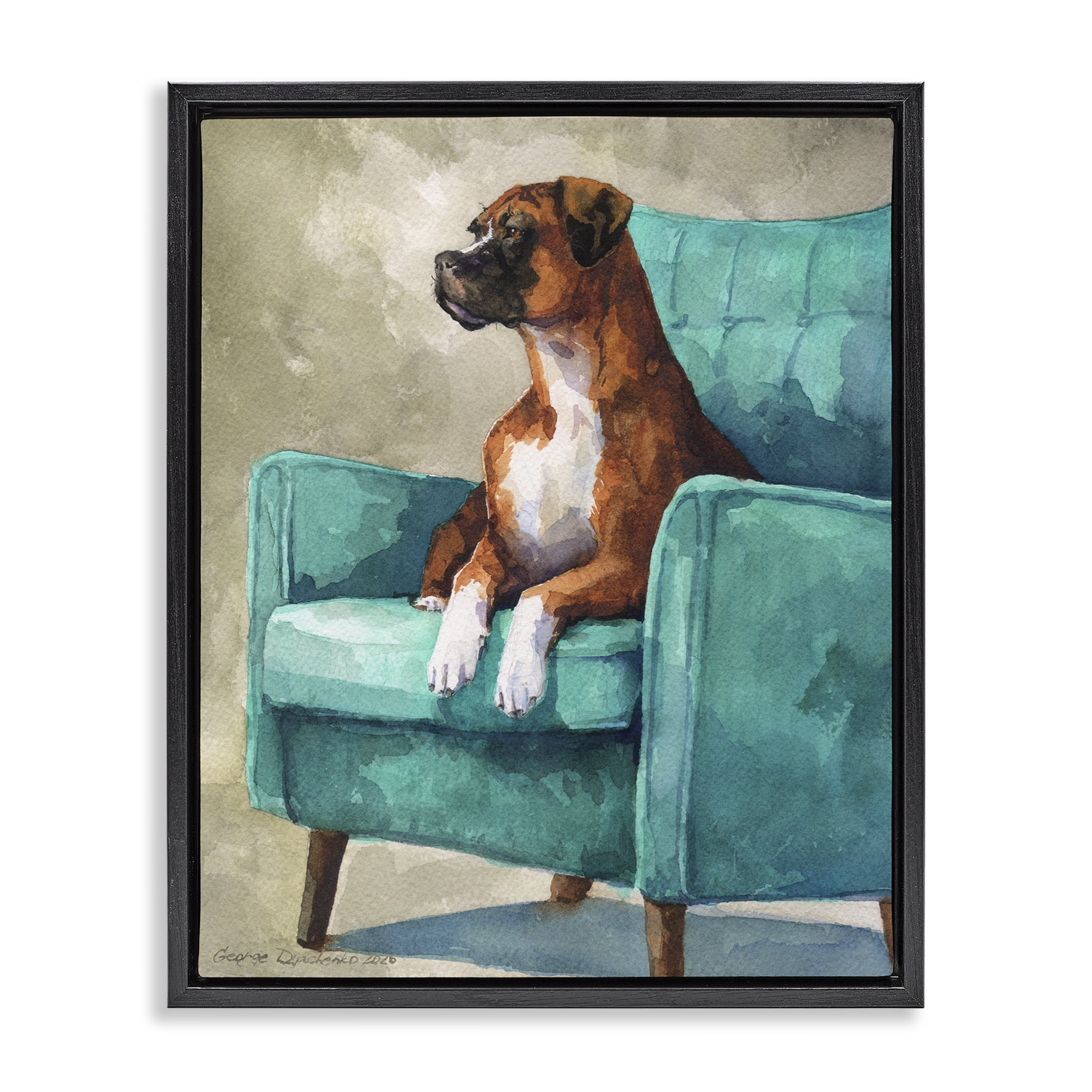 Stupell Industries Majesty Boxer on Armchair Black Framed Floater Canvas Wall Art, design by George Dyachenko
