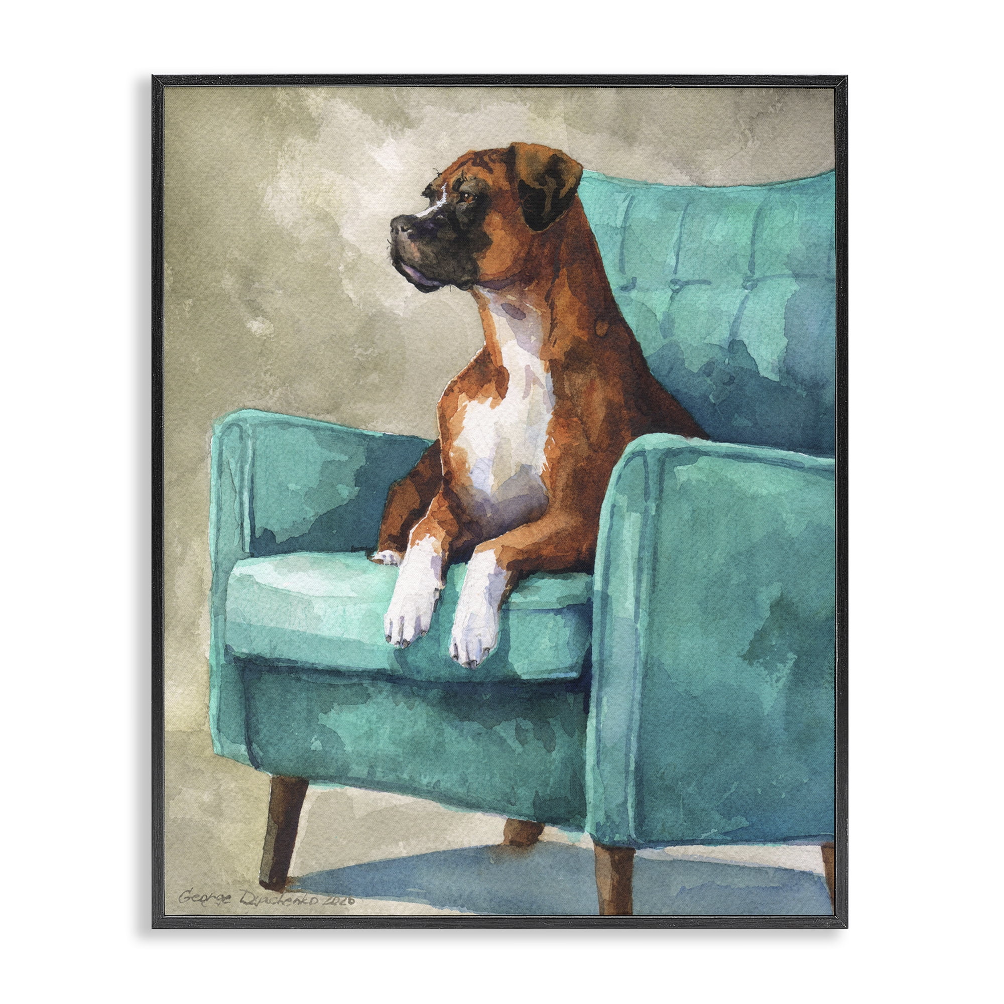 Stupell Industries Majesty Boxer on Armchair Black Framed Giclee Art, design by George Dyachenko
