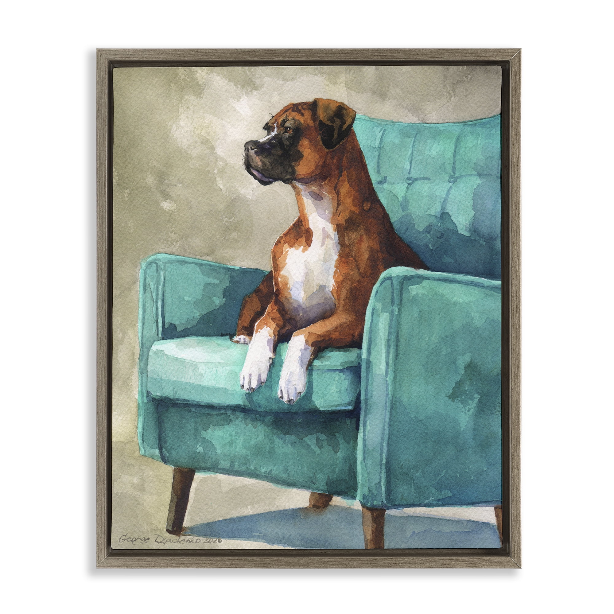 Stupell Industries Majesty Boxer on Armchair Brown Framed Floater Canvas Wall Art, design by George Dyachenko