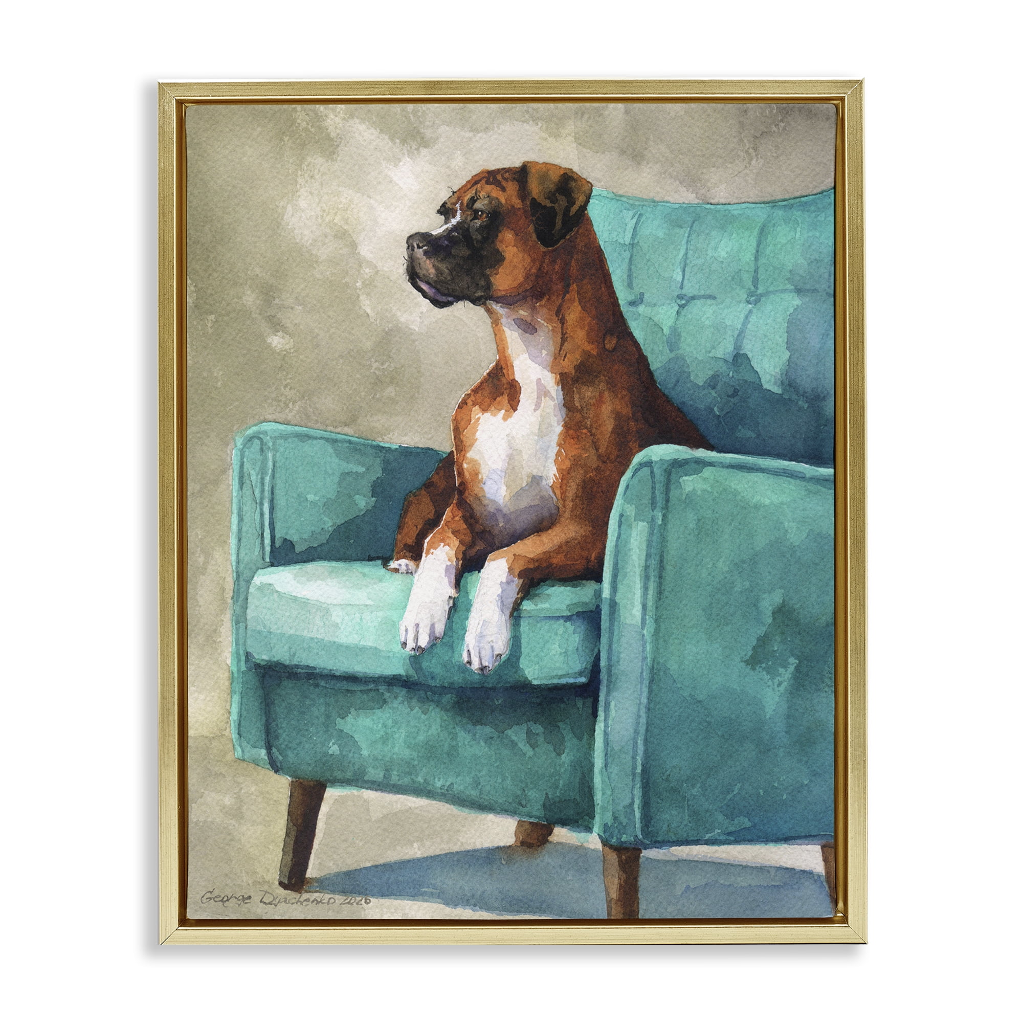 Stupell Industries Majesty Boxer on Armchair Gold Framed Floater Canvas Wall Art, design by George Dyachenko
