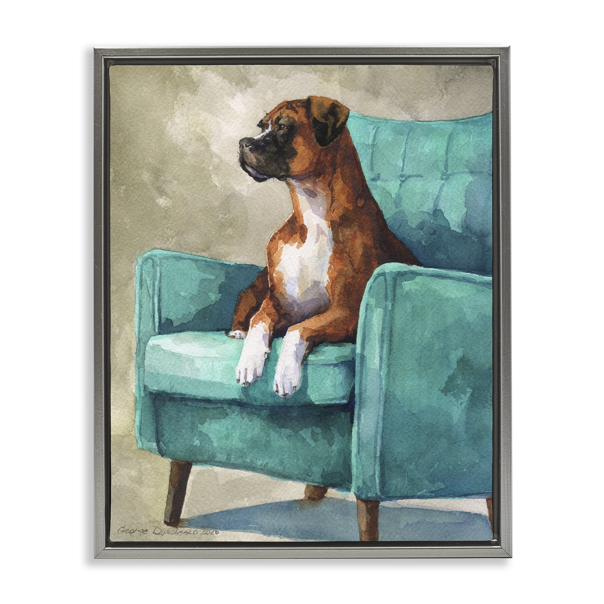 Stupell Industries Majesty Boxer on Armchair Gray Framed Floater Canvas Wall Art, design by George Dyachenko