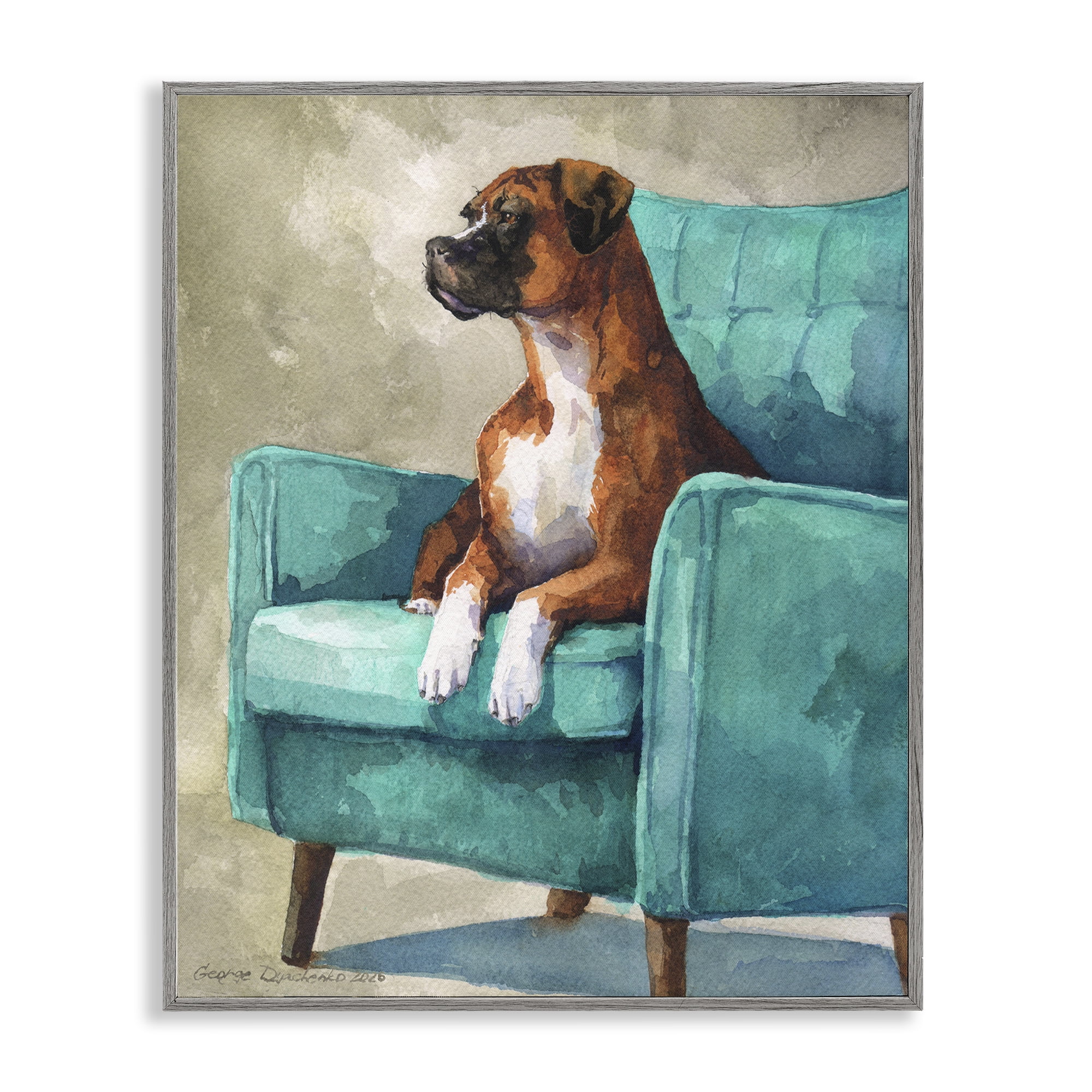 Stupell Industries Majesty Boxer on Armchair Gray Framed Giclee Art, design by George Dyachenko
