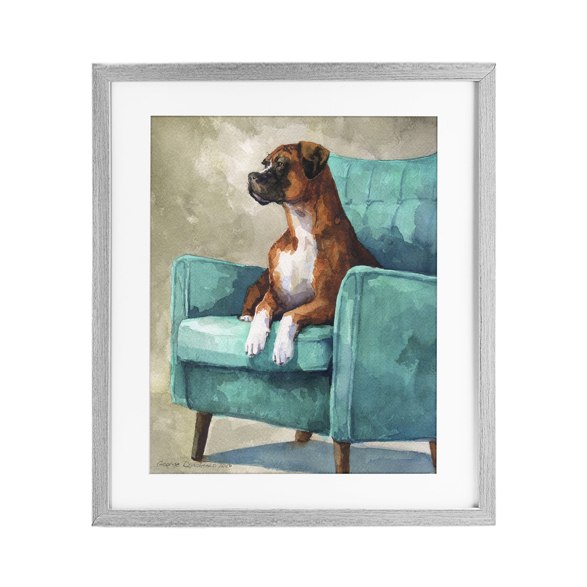 Stupell Industries Majesty Boxer on Armchair Gray Framed Print Under Glass, design by George Dyachenko
