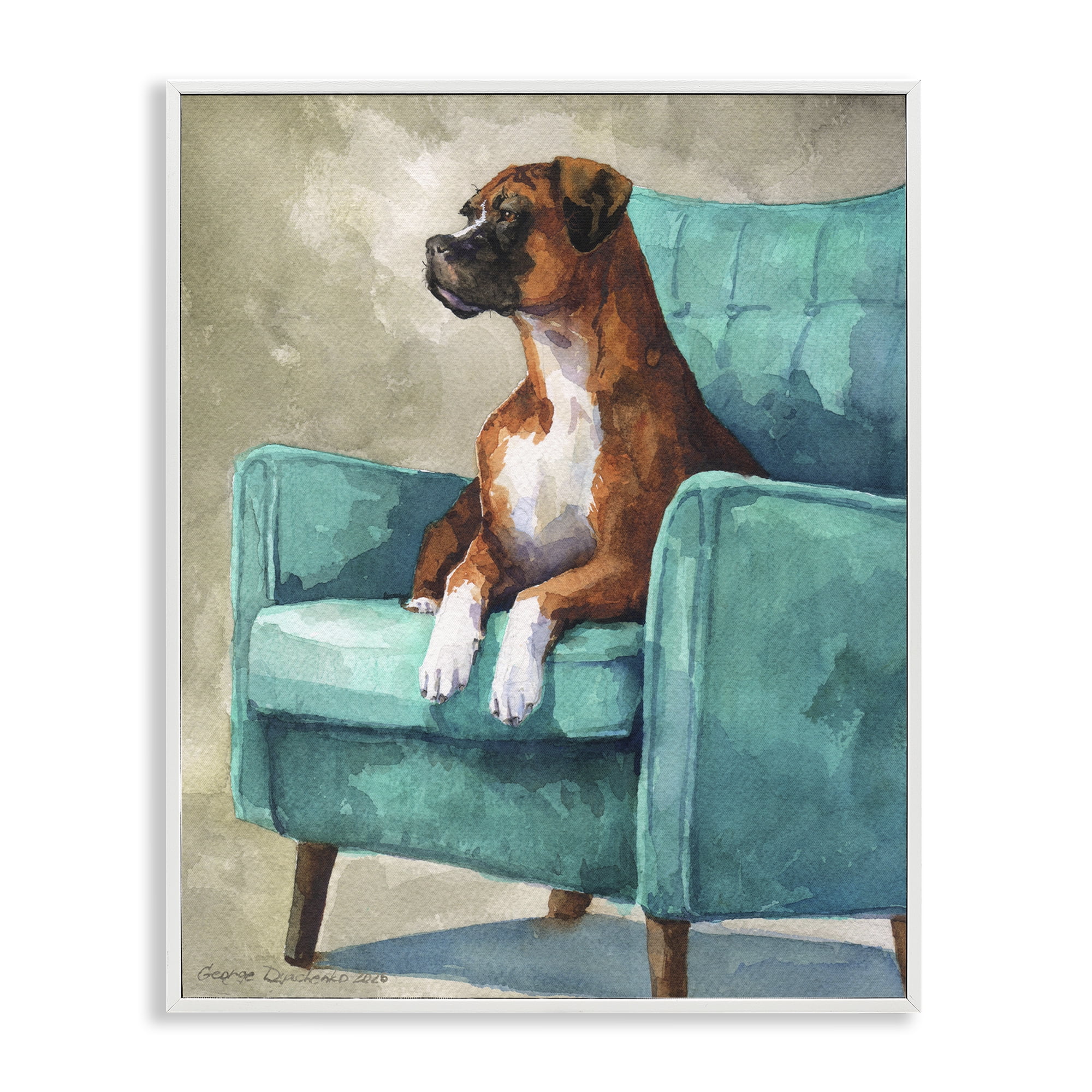 Stupell Industries Majesty Boxer on Armchair White Framed Giclee Art, design by George Dyachenko