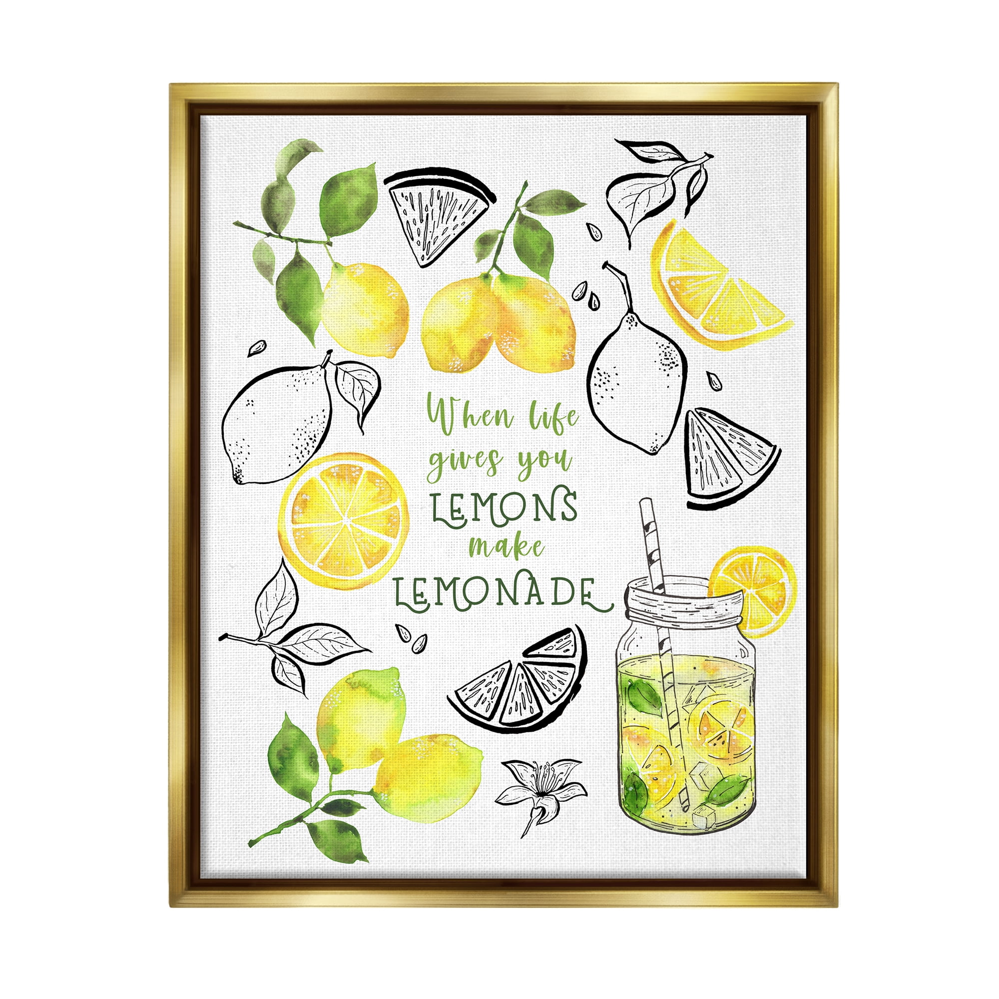 Stupell Industries Make Lemonade Kitchen Phrase Food & Beverage Painting Gold Floater Framed Canvas Art Print Wall Art, 17 x 21