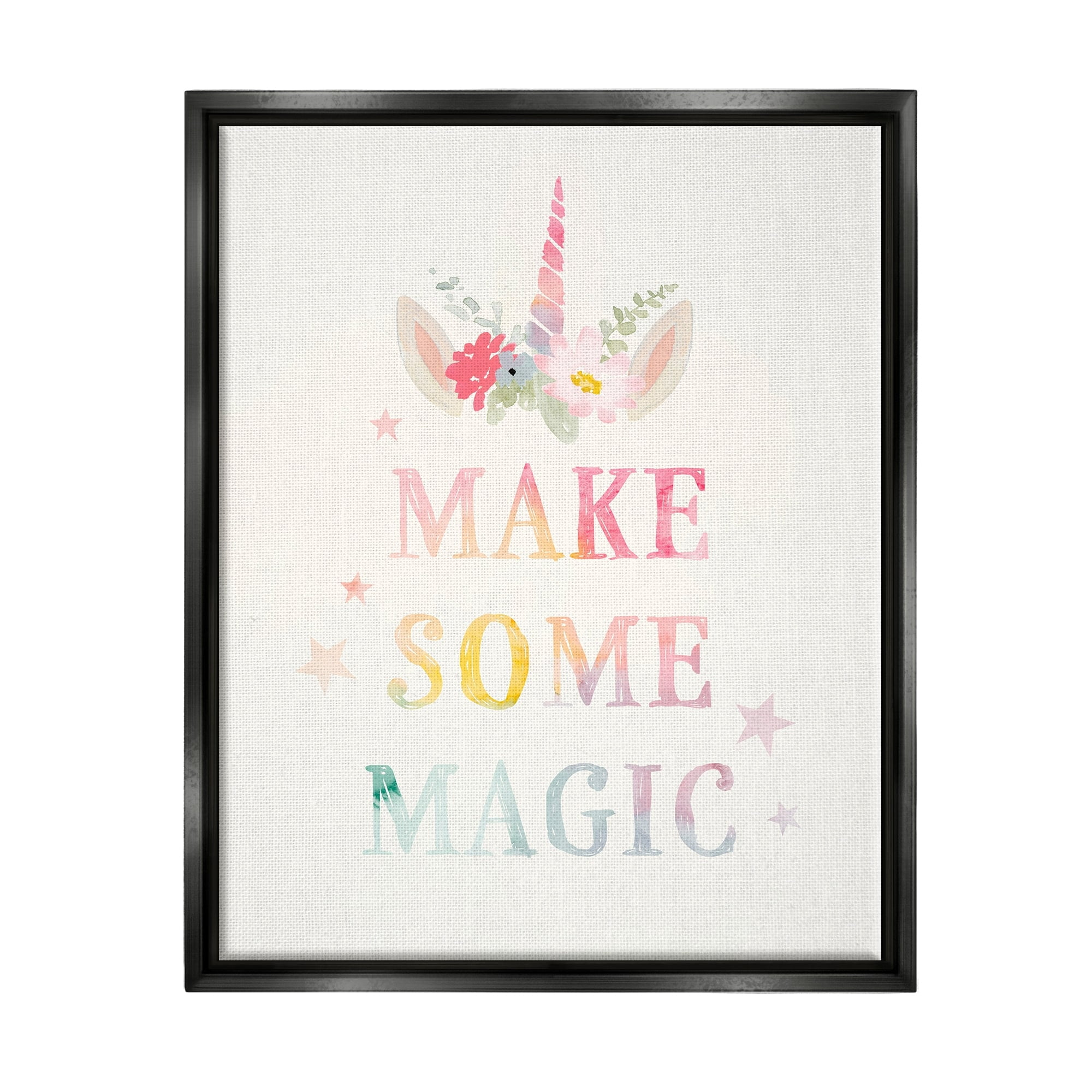 Stupell Industries Make Some Magic Unicorn Horn Flower Blossoms Graphic Art Jet Black Floating Framed Canvas Print Wall Art, Design by Victoria Barnes