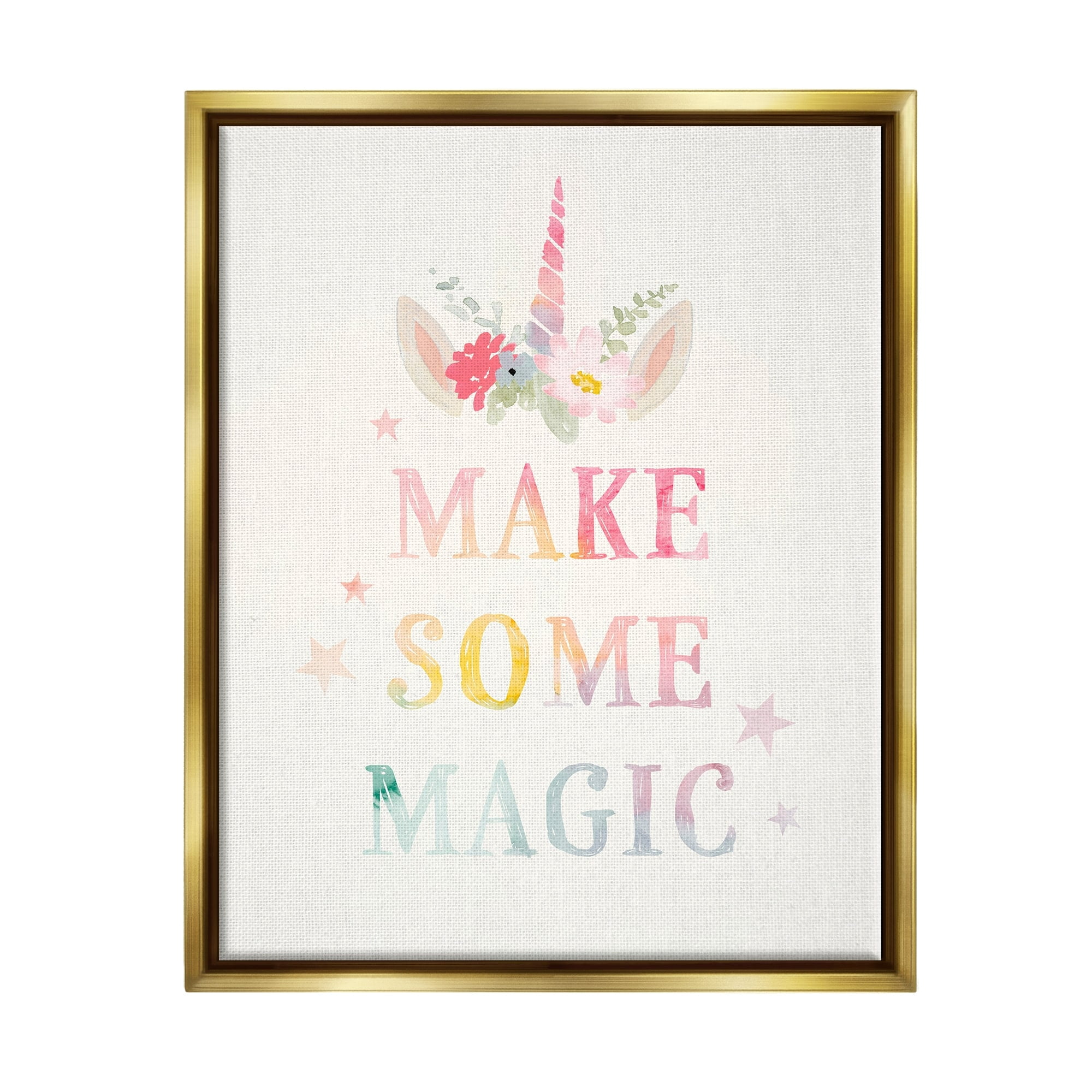 Stupell Industries Make Some Magic Unicorn Horn Flower Blossoms Graphic Art Metallic Gold Floating Framed Canvas Print Wall Art, Design by Victoria Barnes