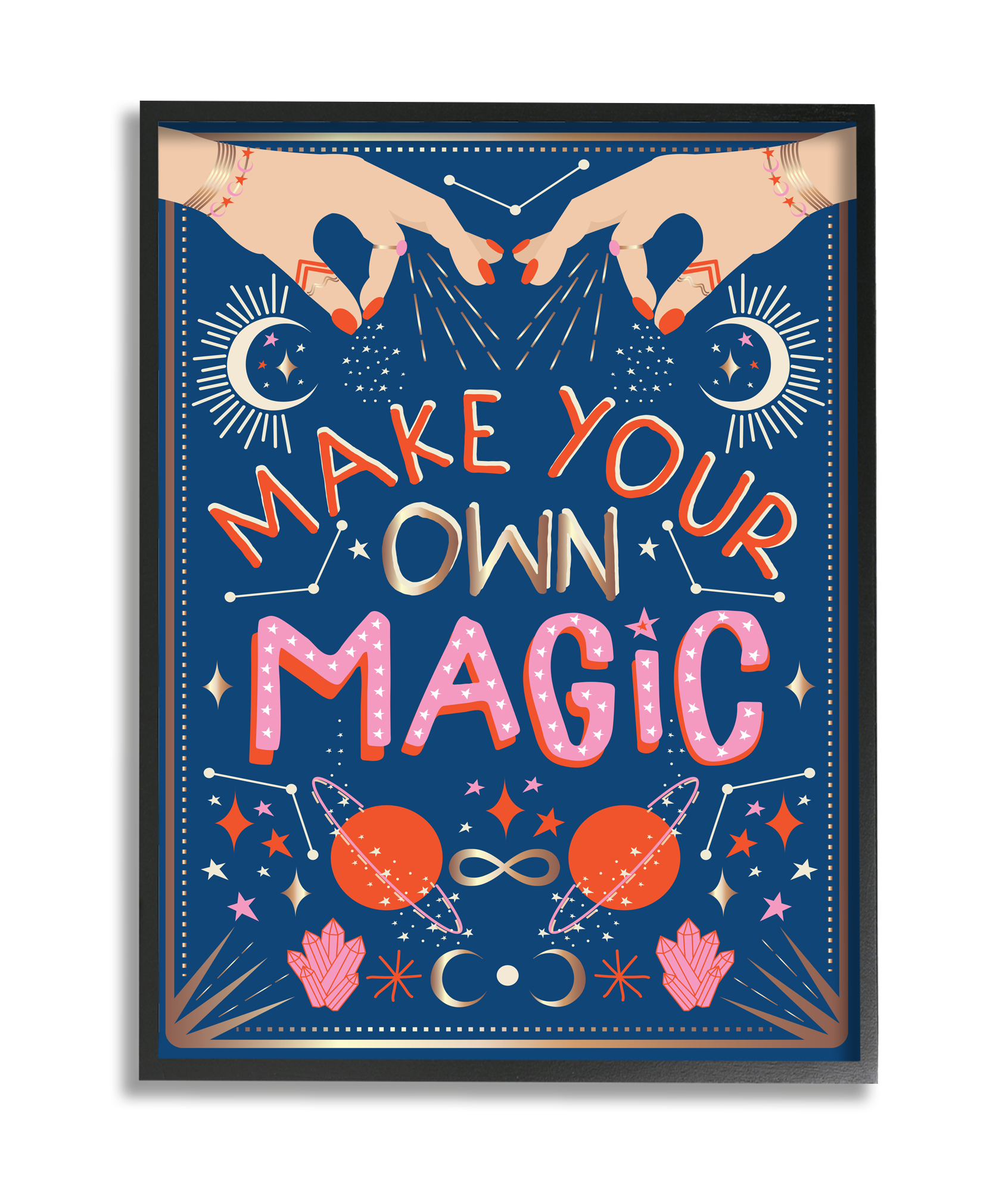 Stupell Industries Make Your Magic Phrase Fashion Hands and Constellations Typography Painting Black Framed Art Print Wall Art, 24 x 30