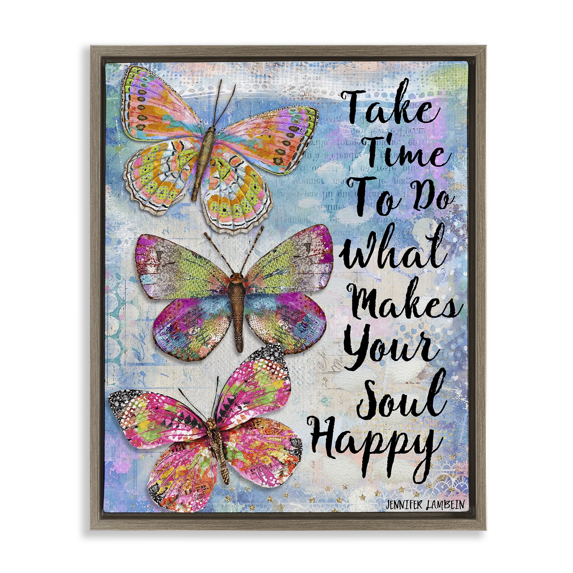 Stupell Industries Makes Your Soul Happy Butterfly Animals Painting Brown Floater Framed Canvas Art Print Wall Art, 25 x 31