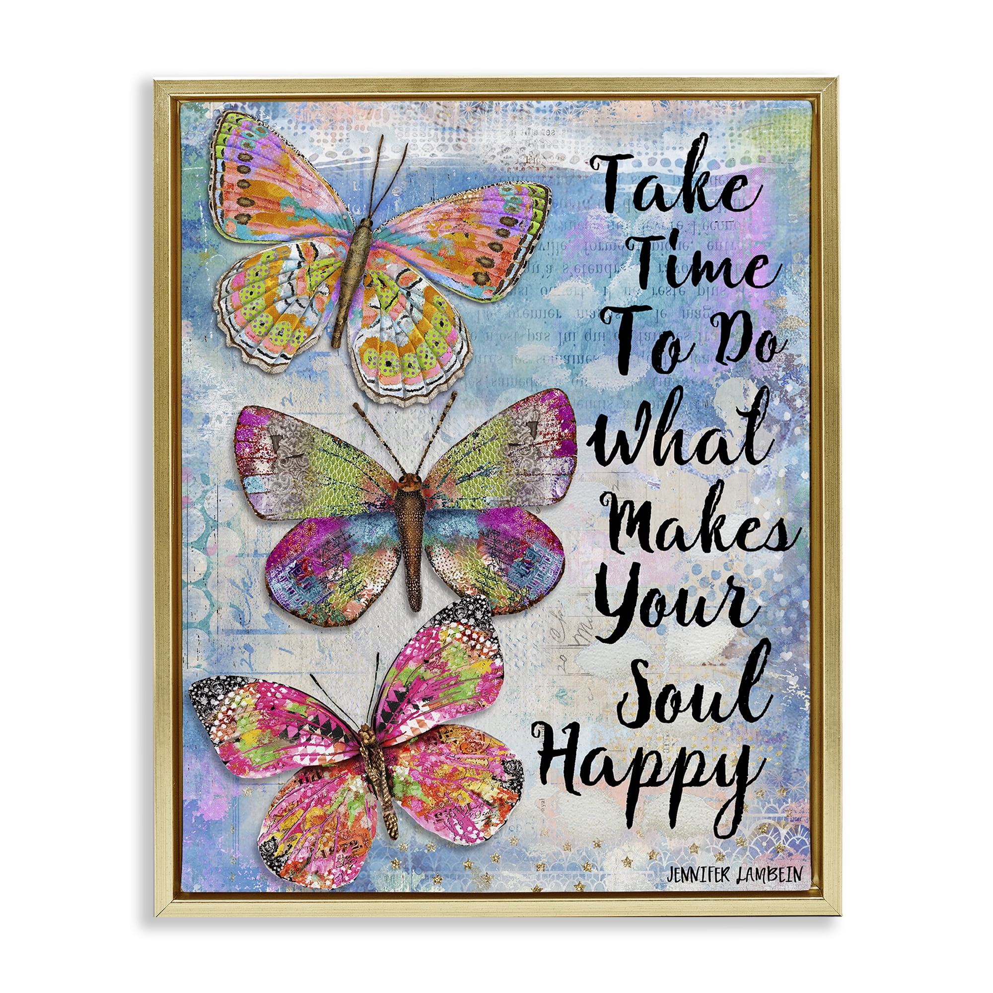 Stupell Industries Makes Your Soul Happy Butterfly Animals Painting Gold Floater Framed Canvas Art Print Wall Art, 25 x 31