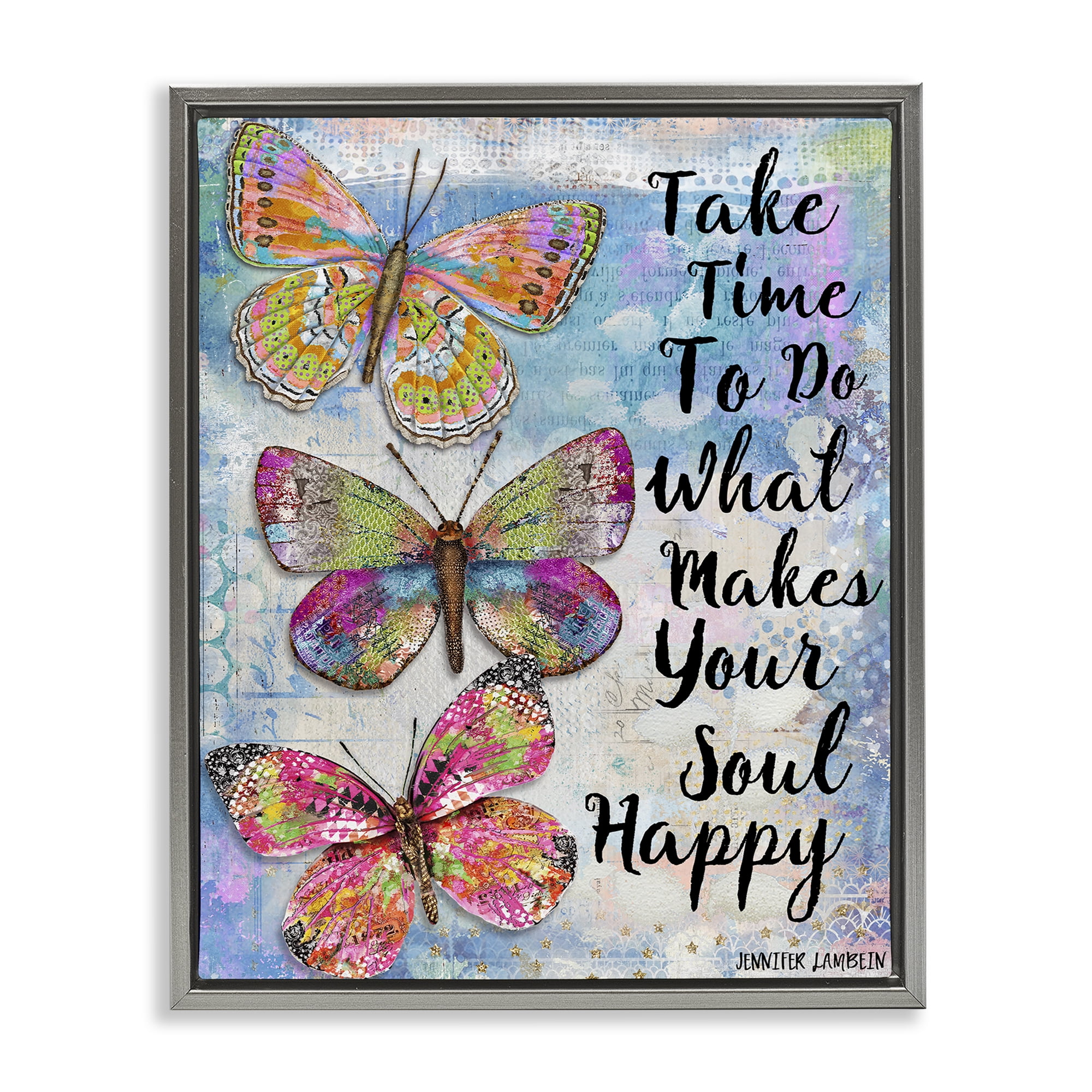 Stupell Industries Makes Your Soul Happy Butterfly Animals Painting Gray Floater Framed Canvas Art Print Wall Art, 25 x 31
