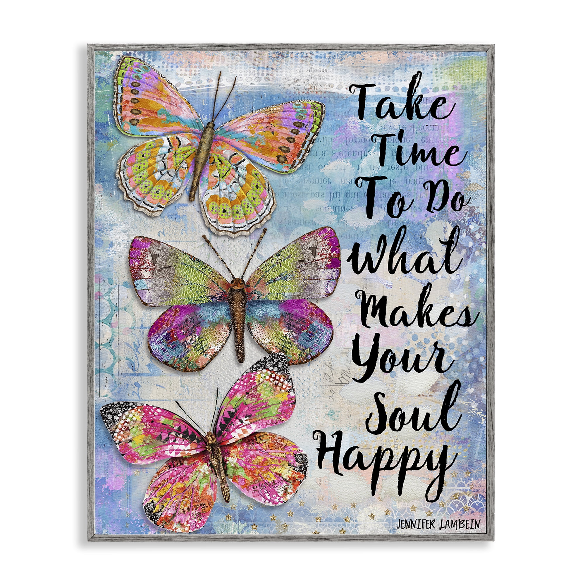 Stupell Industries Makes Your Soul Happy Butterfly Animals Painting Gray Framed Art Print Wall Art, 11 x 14