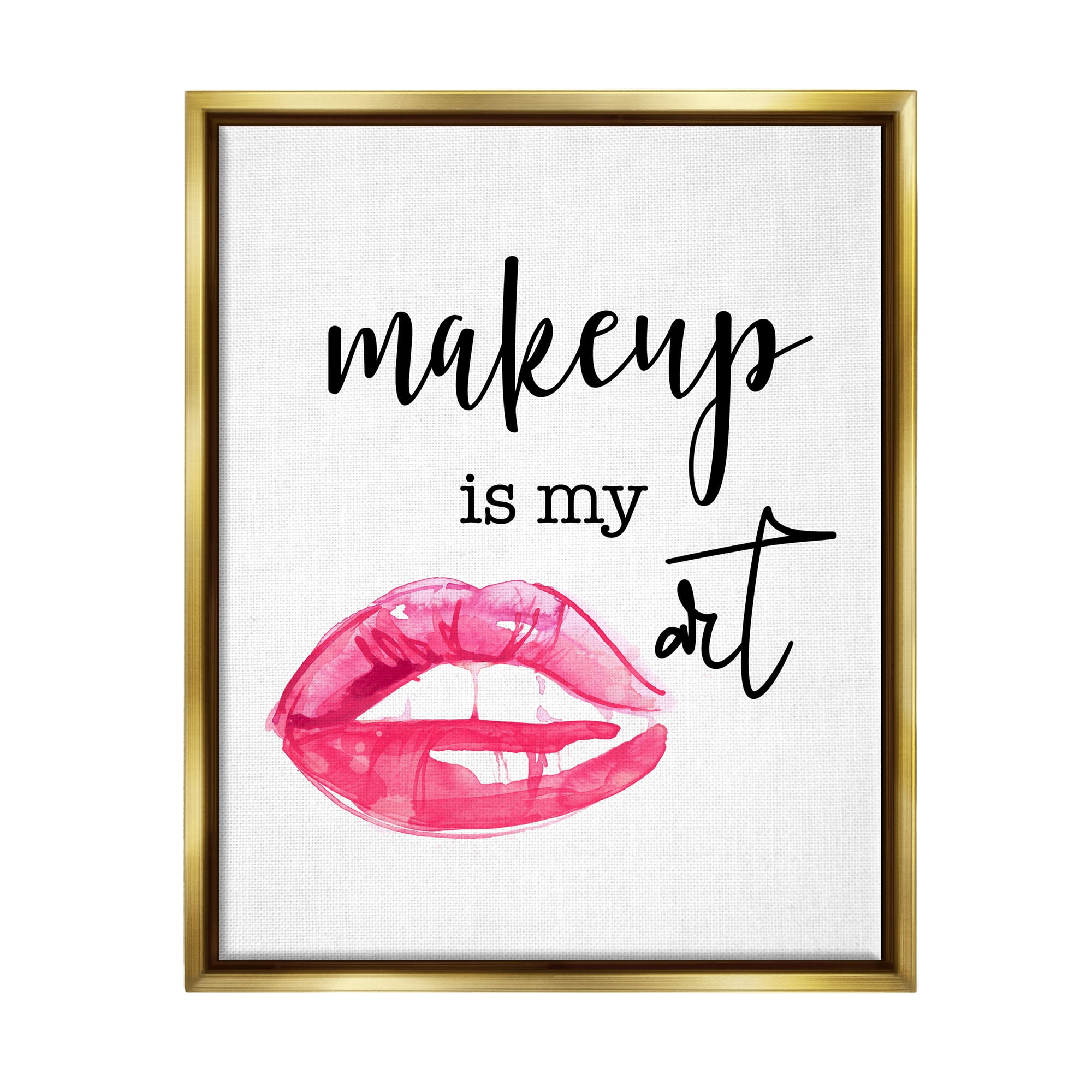 Stupell Industries Makeup Is My Art Glam Lips Typography Style Graphic Art Metallic Gold Floating Framed Canvas Print Wall Art, Design by Daniela Santiago