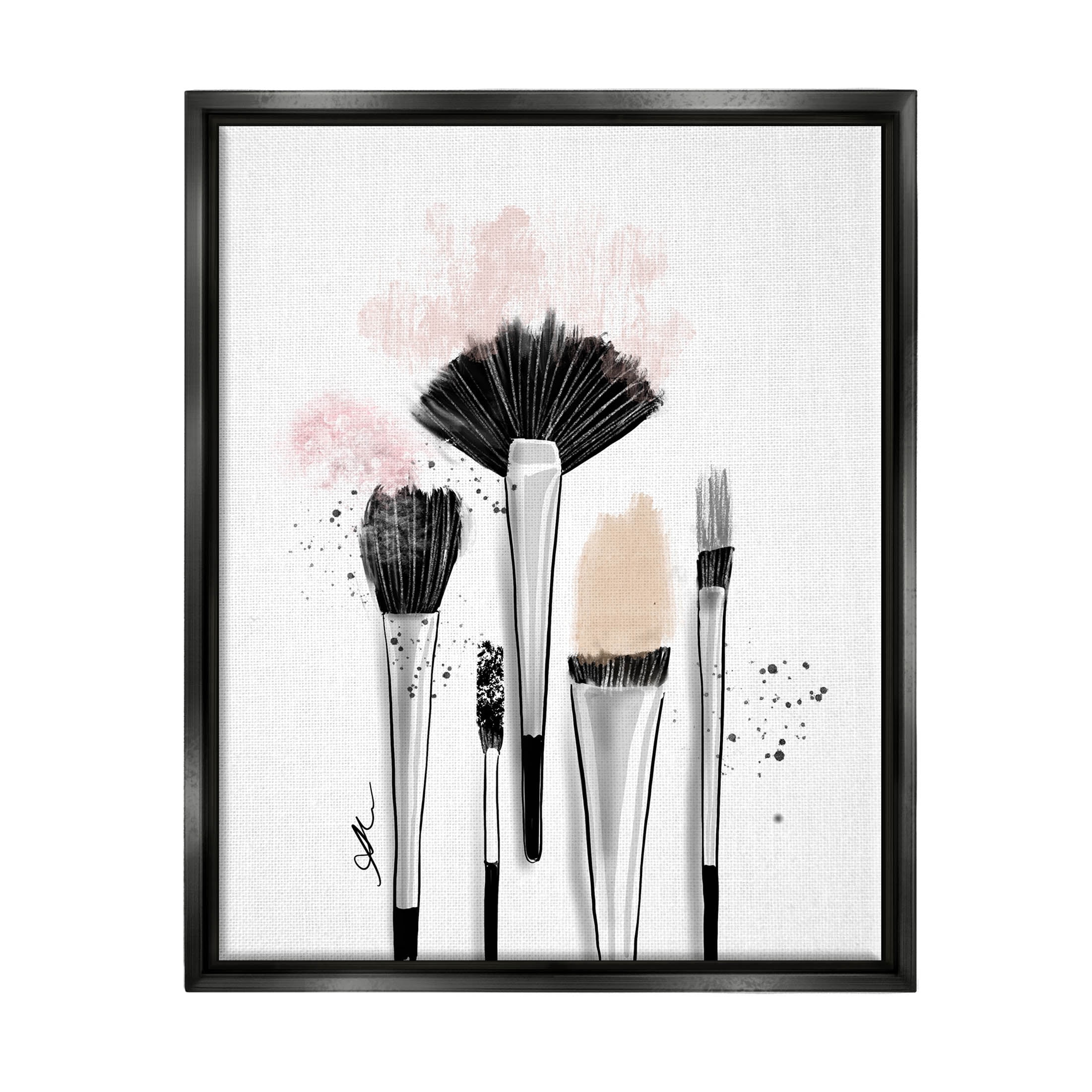 Stupell Industries Makeup Brushes Glam Tools Graphic Art Jet Black Floating Framed Canvas Print Wall Art, Design by Alison Petrie