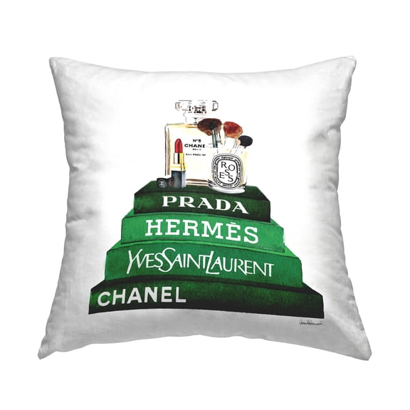 Stupell Industries Makeup Cosmetics Atop Glam Brand Bookstack Design by Amanda Greenwood Throw Pillow