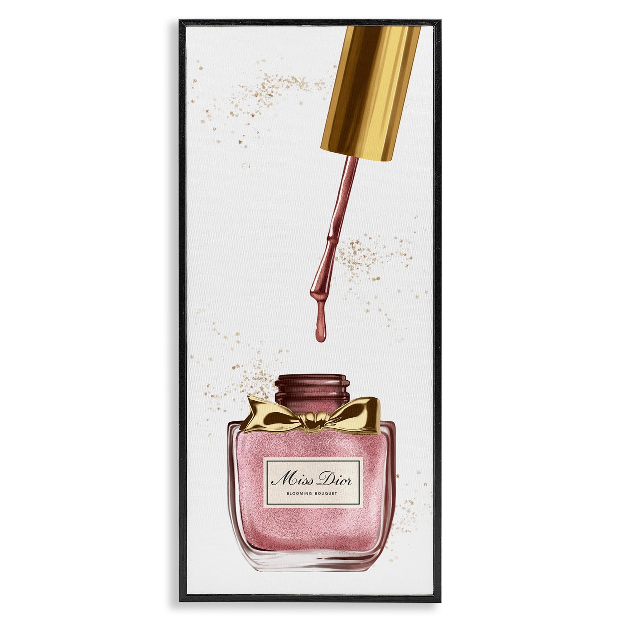 Stupell Industries Makeup Nail Polish Brush Gold & Pink Beauty & Fashion Painting Black Framed Art Print Wall Art, 10 x 24