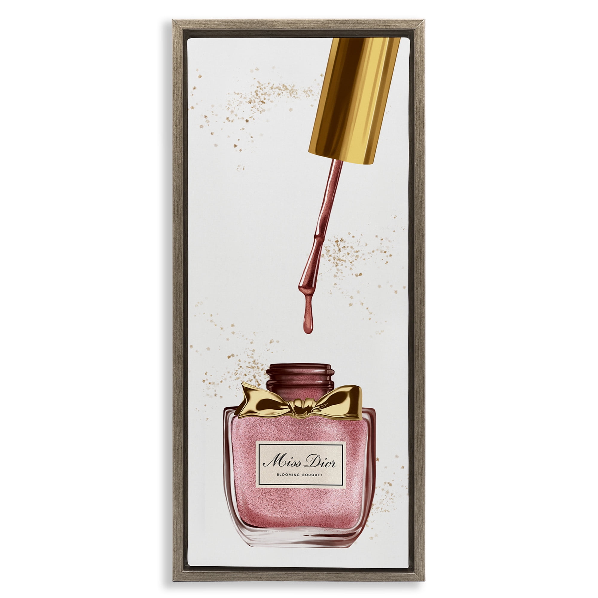 Stupell Industries Makeup Nail Polish Brush Gold & Pink Beauty & Fashion Painting Brown Floater Framed Canvas Art Print Wall Art, 15 x 31