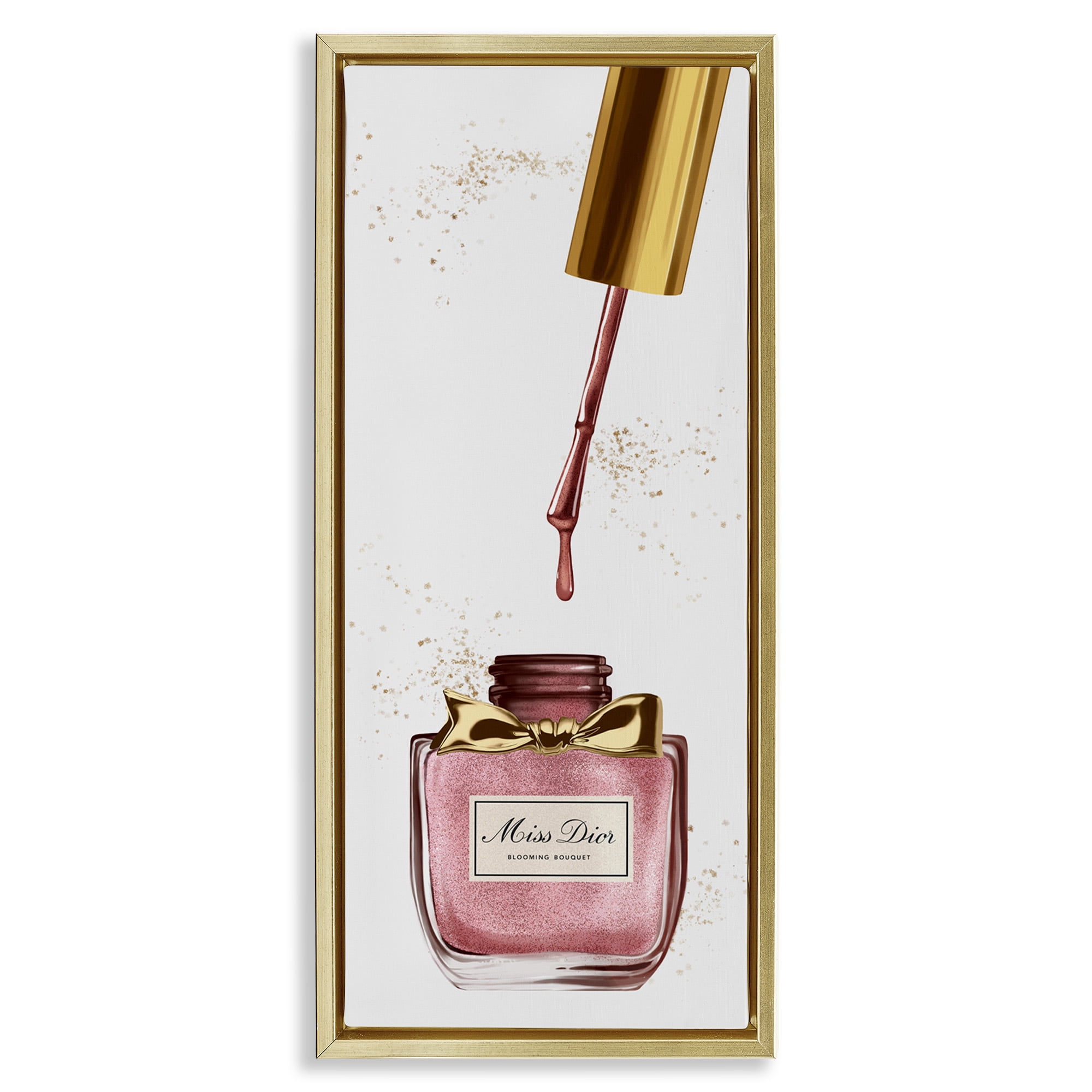 Stupell Industries Makeup Nail Polish Brush Gold & Pink Beauty & Fashion Painting Gold Floater Framed Canvas Art Print Wall Art, 15 x 31
