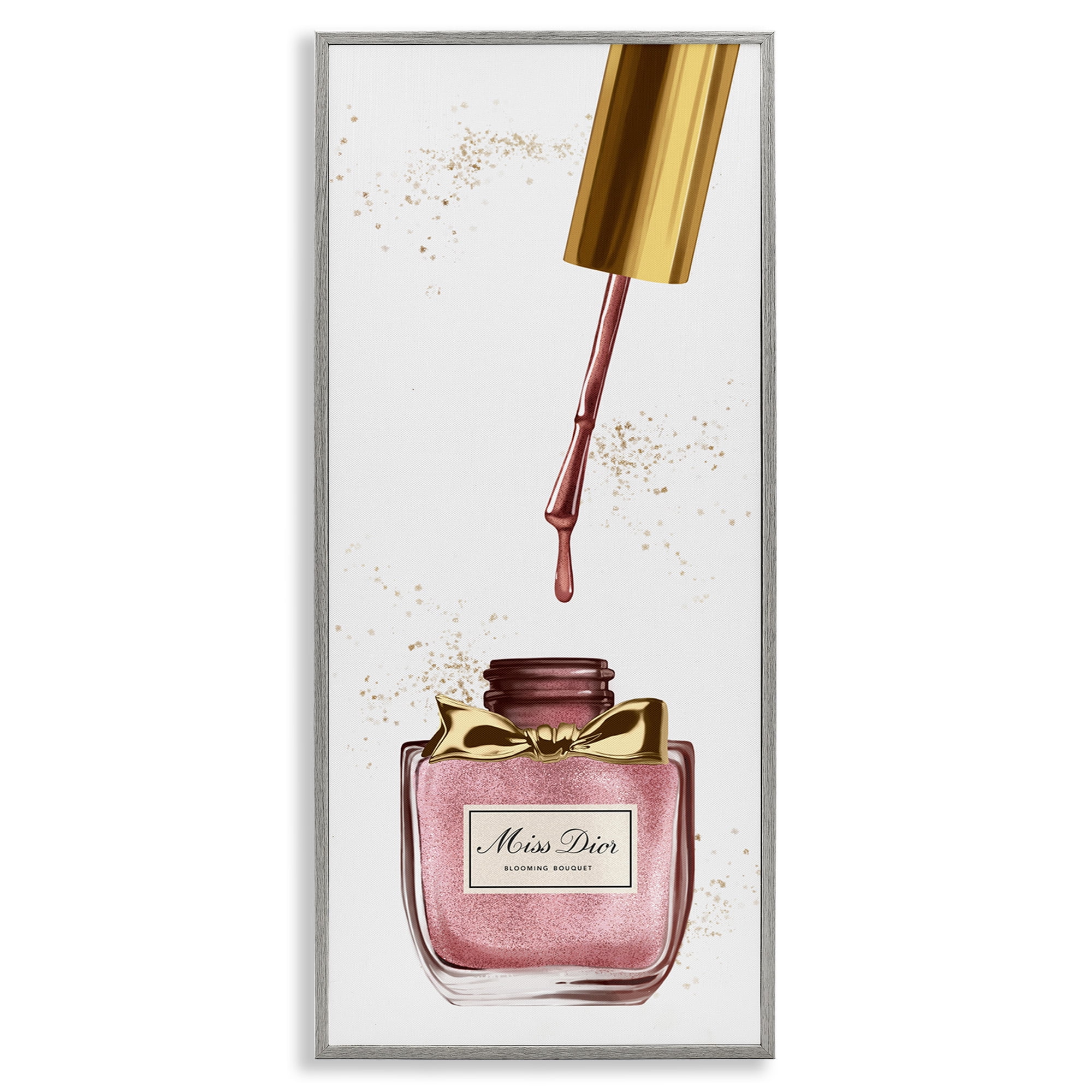 Stupell Industries Makeup Nail Polish Brush Gold & Pink Beauty & Fashion Painting Gray Framed Art Print Wall Art, 13 x 30