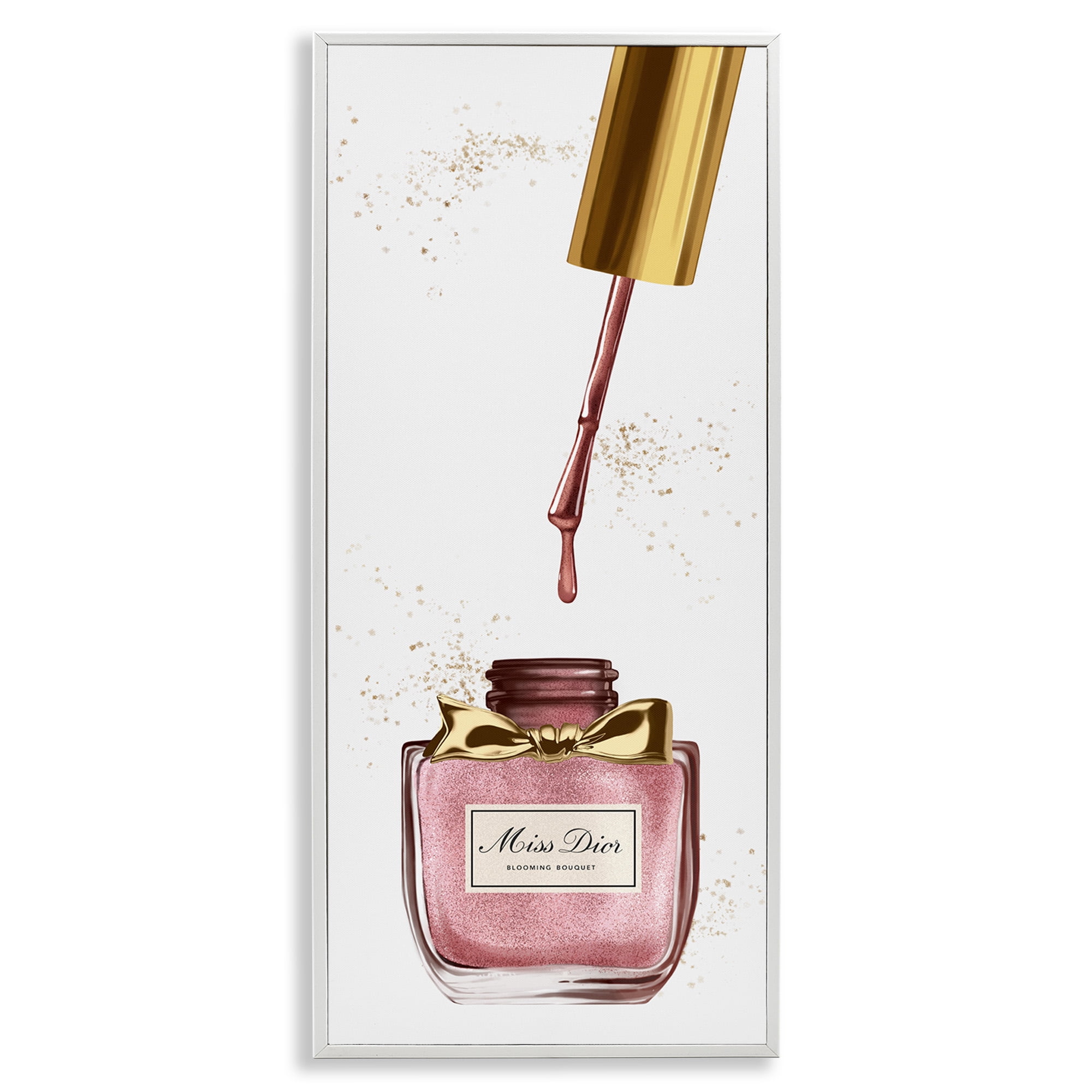Stupell Industries Makeup Nail Polish Brush Gold & Pink Beauty & Fashion Painting White Framed Art Print Wall Art, 10 x 24
